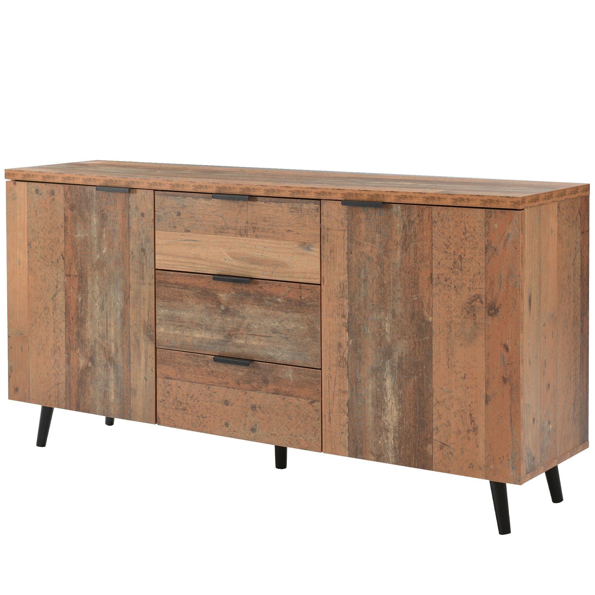 Merax Sideboard in Altholz-Optik mit 3 Schubladen und 2 Türen, Kommode mit verstellbaren Ablagen,B:140cm – Bild 4 von 5