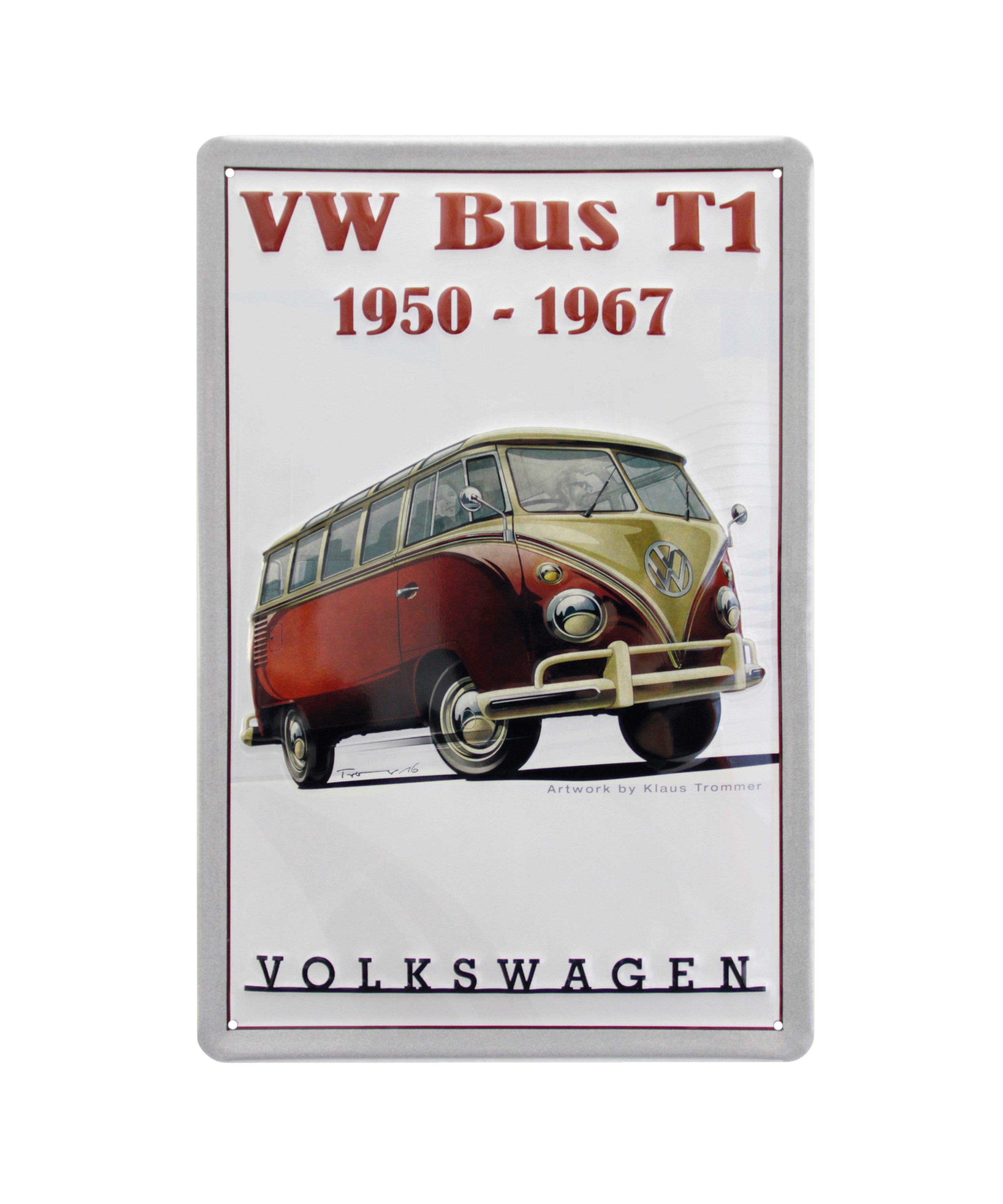VW Collection by BRISA Metallschild Volkswagen Retro-Blech-Schild-Vintage-Dekoration, (Made in Germany, 1 Stück), Geschenk-Idee aus Metall im roten T1 Samba Bus Design, 20x30 cm
