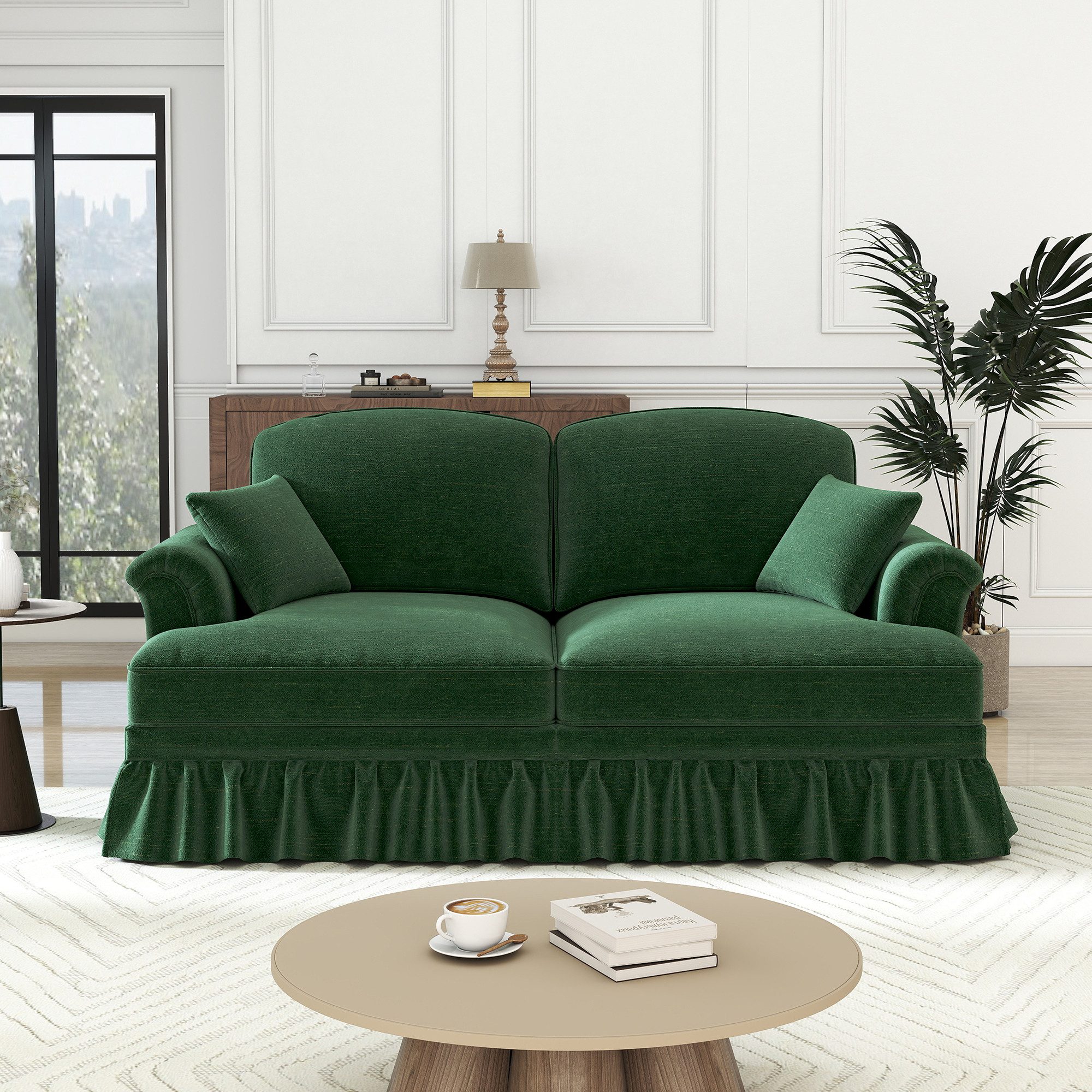 Odikalo Big-Sofa Ecksofa mit Schlaffunktion und Volant, Elegantes Mid-Century 2-3-4-5-Sitzer Sofa aus Chenille mit Trichter-Armlehnen, abnehmbarer Rüschenschürze & spindelförmigen Beinen – Komfortables Sofa fürs Wohnzimmer, Mehrfarbig