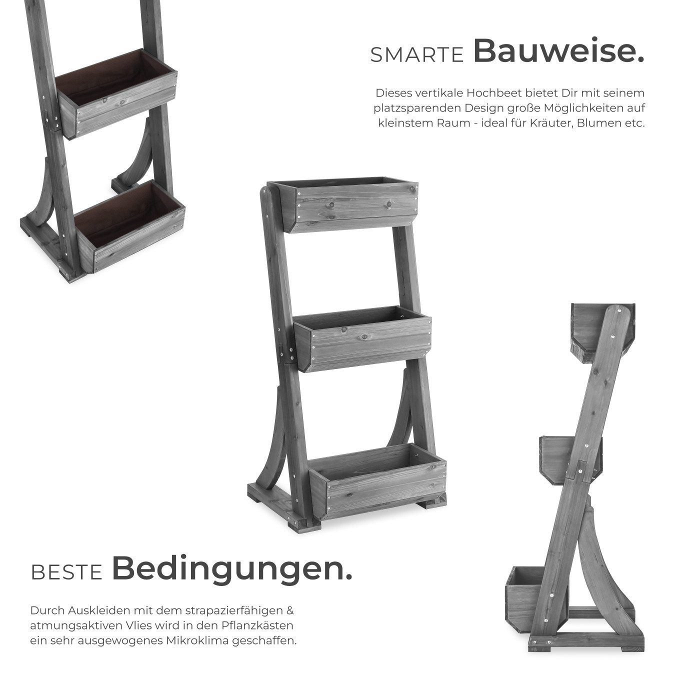 tectake Blumentopf Pflanzkübel, inklusive Pflanzvlies, 60 x 49 x 140 cm, 3 Etagen (Pflanzgefäß Flora, in grau), Lackiertes Tannenholz, wetterfest & standsicher, platzsparendes Design