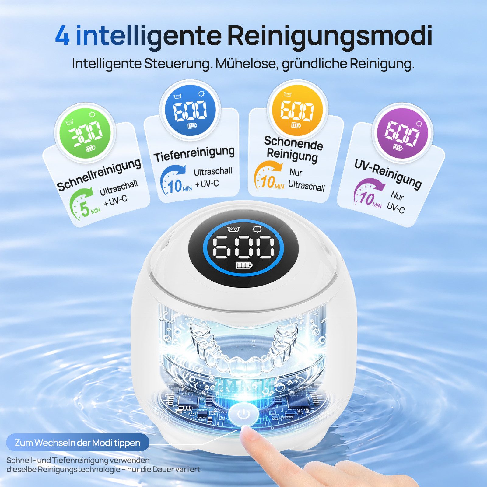 MCURO Ultraschallreiniger Ultraschallreinigungsgerät 48000Hz, 4 Modi, 200ml – für Zuhause & Büro, 4UV 254nm, 360° Reinigung, Kompakt/ Leise, inkl. 6 Reinigungst – Bild 4 von 5