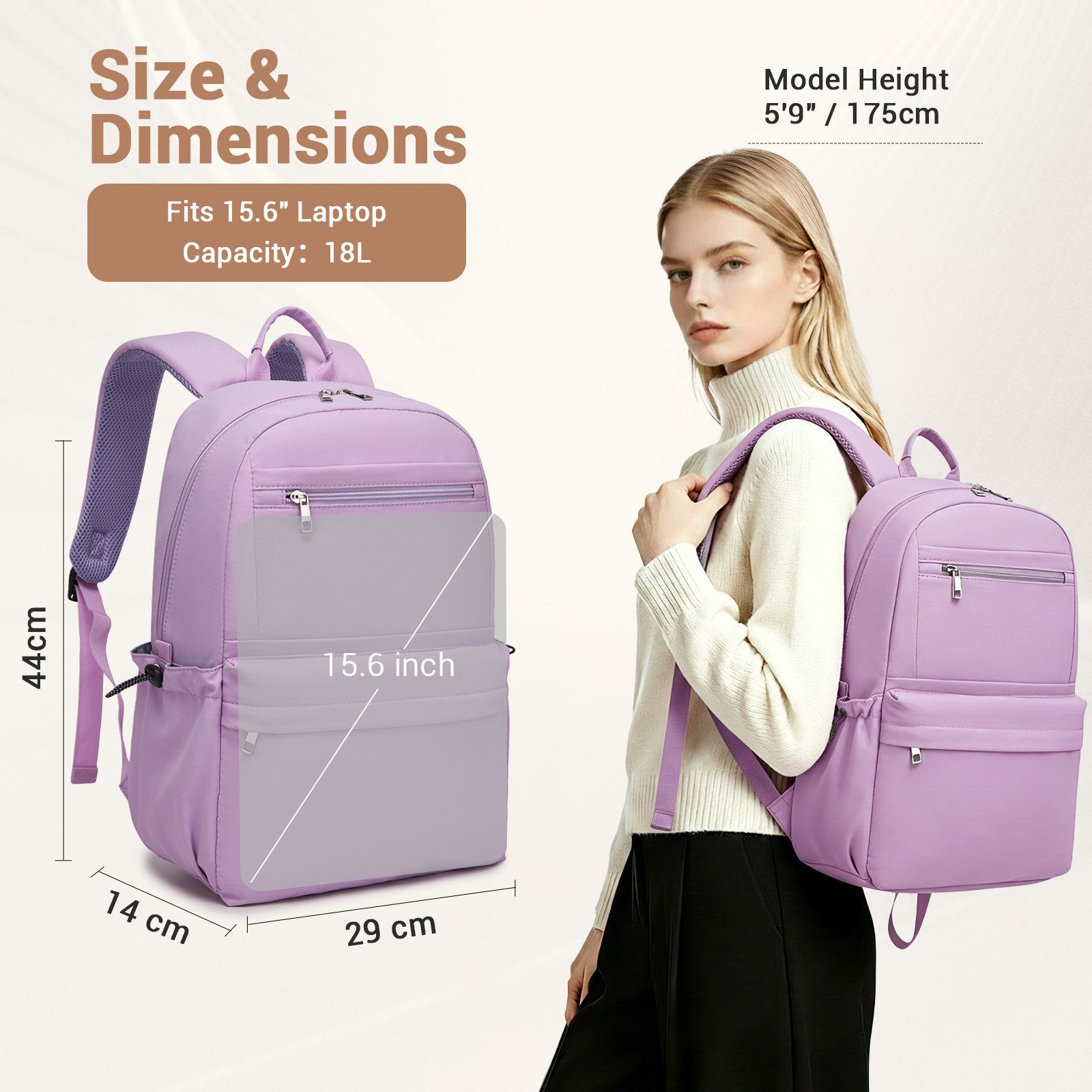 KONO Schulrucksack Laptop-Rucksack 15,6 Zoll, 18L, 44×29×14cm, leicht für Schule