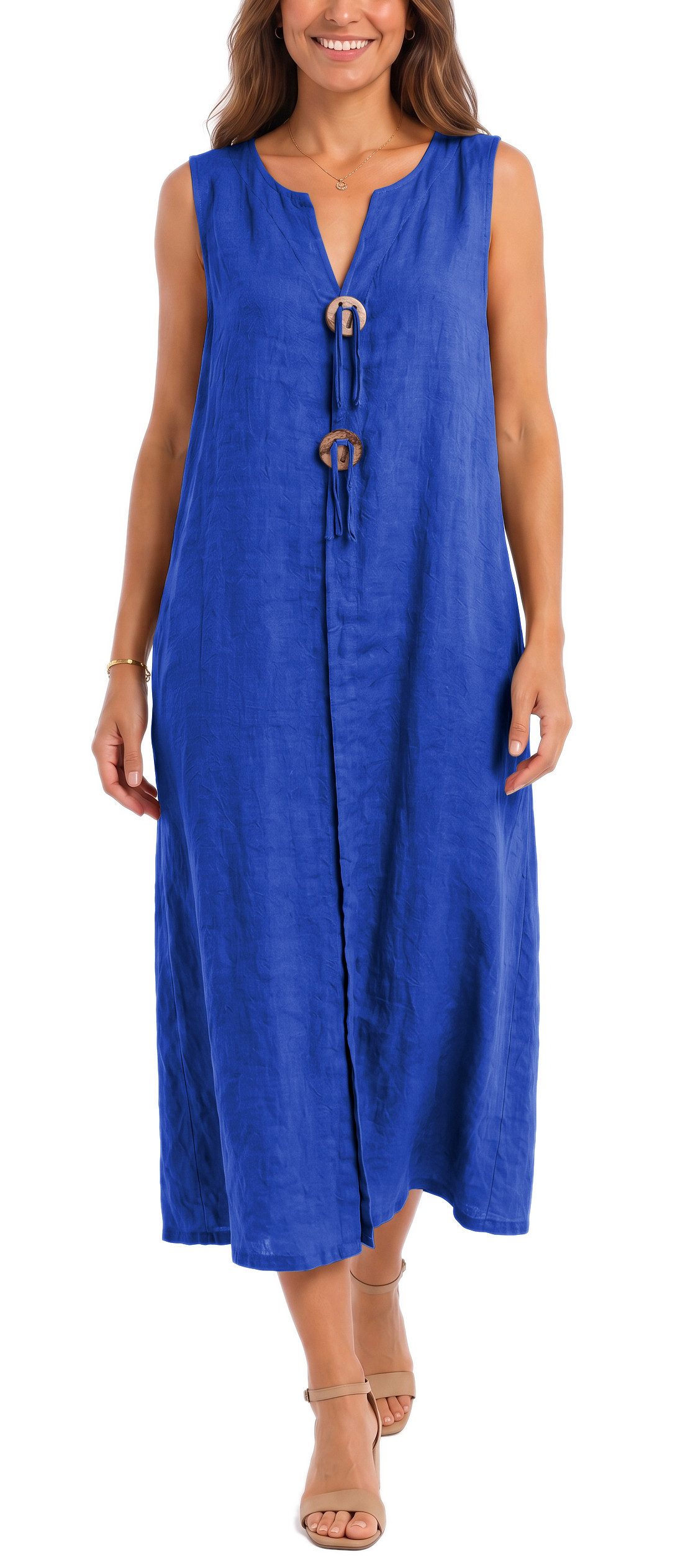 dy_mode Sommerkleid Damen Leinenkleid Luftiges Maxi Sommerkleid Strandkleid Damenkleid in Unifarbe, V-Ausschnitt, mit seitlichen Eingriffstaschen