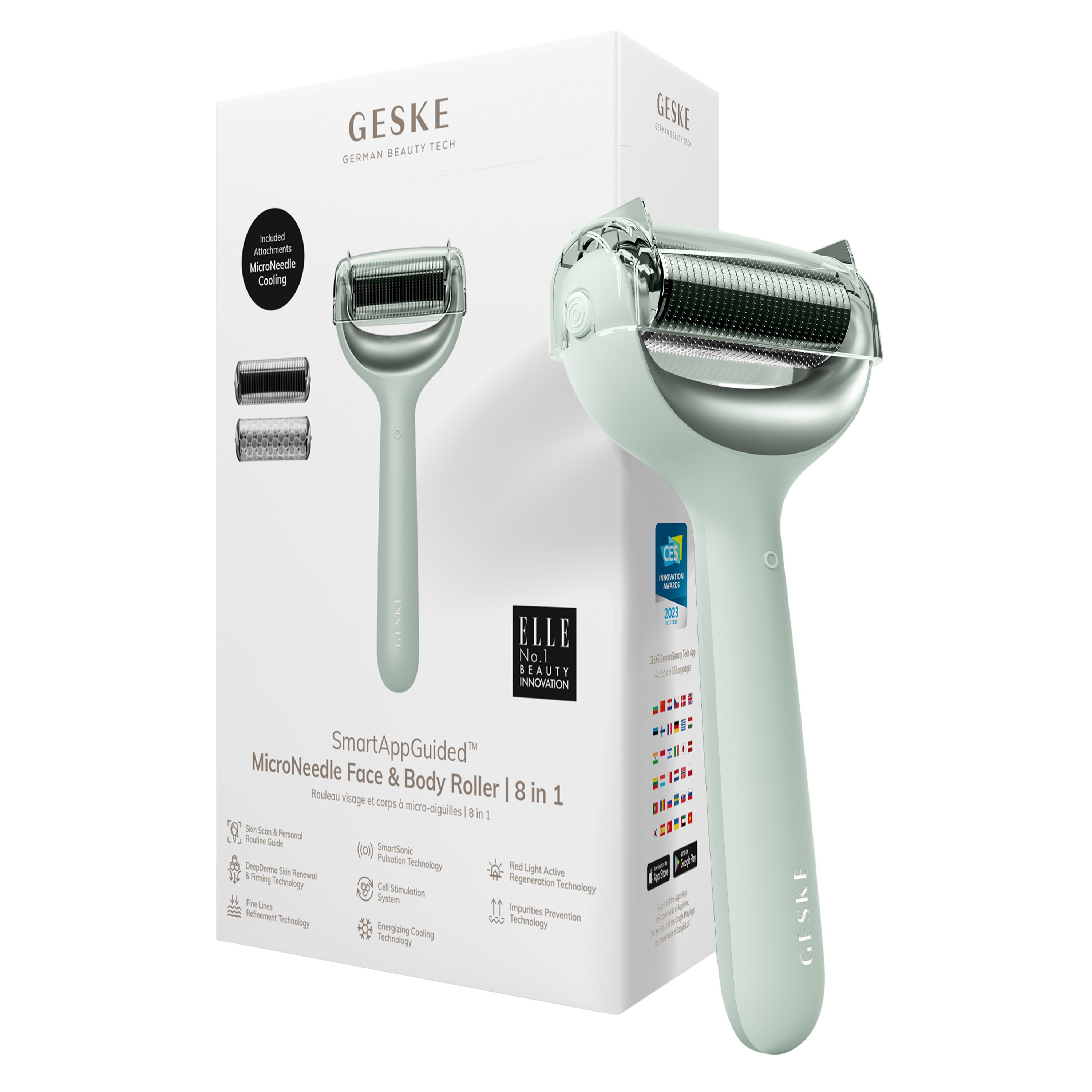 GESKE German Beauty Tech Micro-Needling SmartAppGuided™ MicroNeedle Face & Body Roller 8 in 1, Packung (Gerät & USB-Ladekabel), 4-tlg., Gerät inkl. kostenloser APP (SmartAppGuided Device), Mit der GESKE App erhältst Du deine personalisierte Hautpflegeroutine. Green