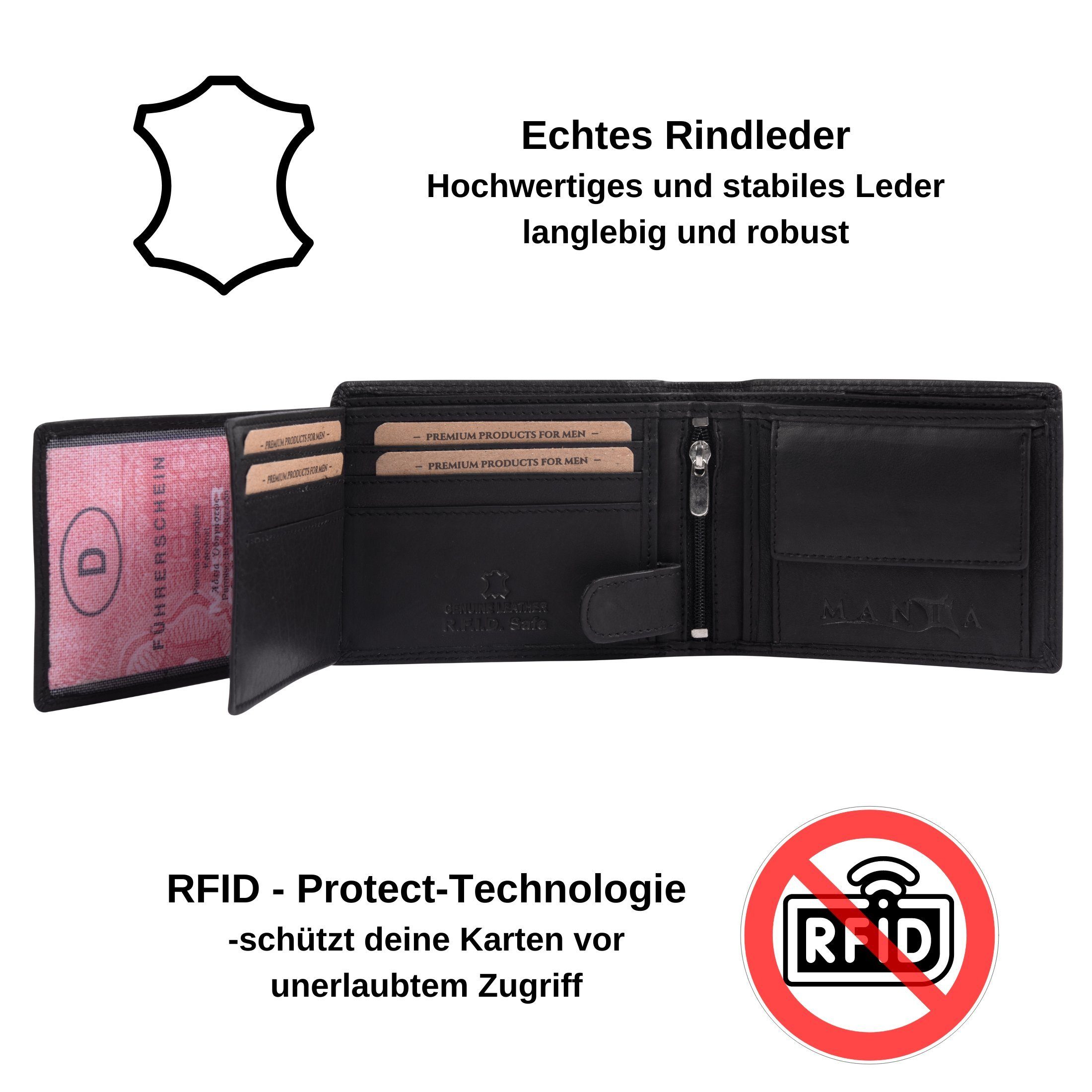 Schutz RFID MANTA Premium Echtleder Herrengeldbeutel Black Geldbörse + Brieftasche, Safe RFID aus Leder Echtes