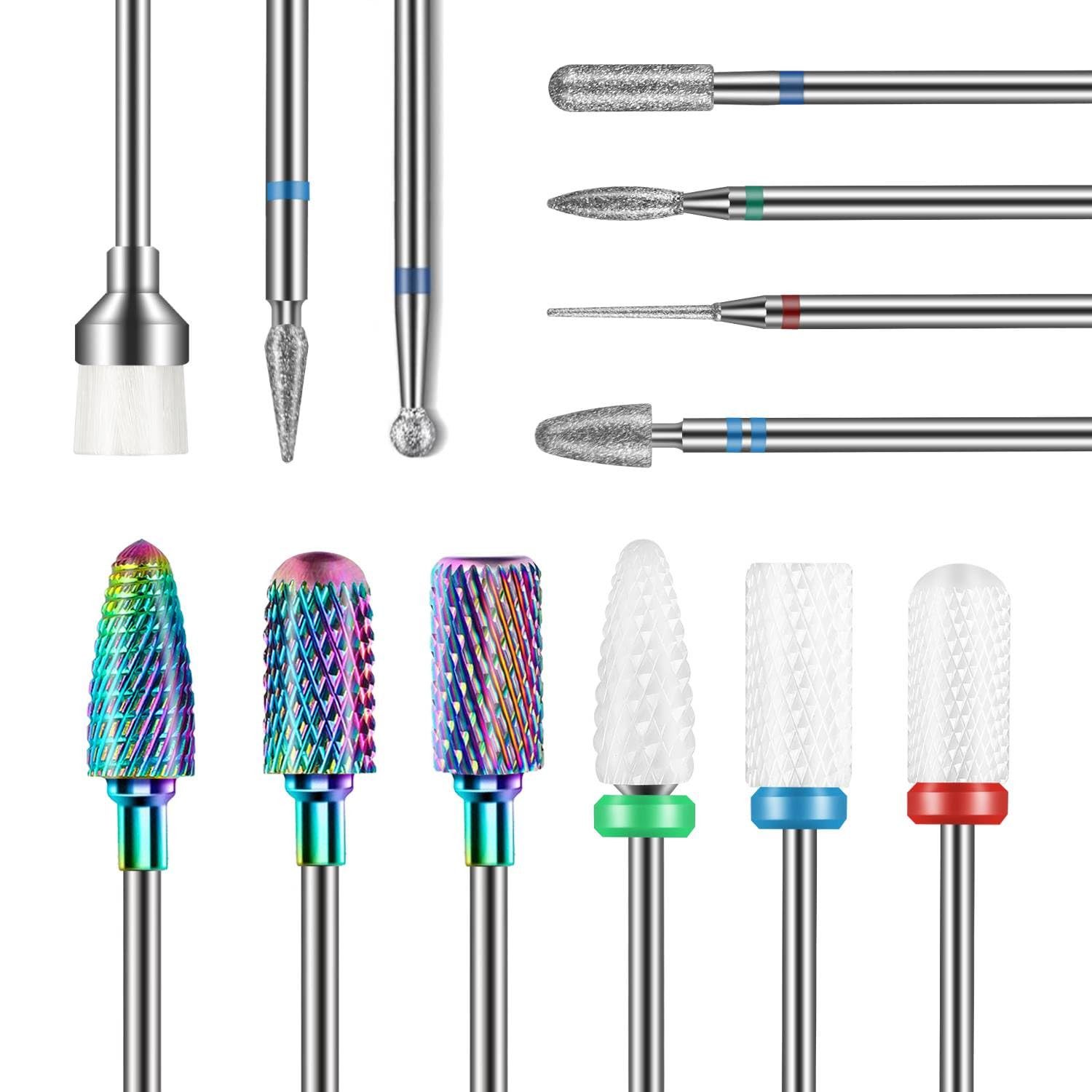 TUWENA Bit-Set 13 Stück Nagelfräser Aufsätze Bits Set, 3/32" Professionelle Bits, 3 Materialien, für Acryl & Gel, universell passend, langlebig & sicher