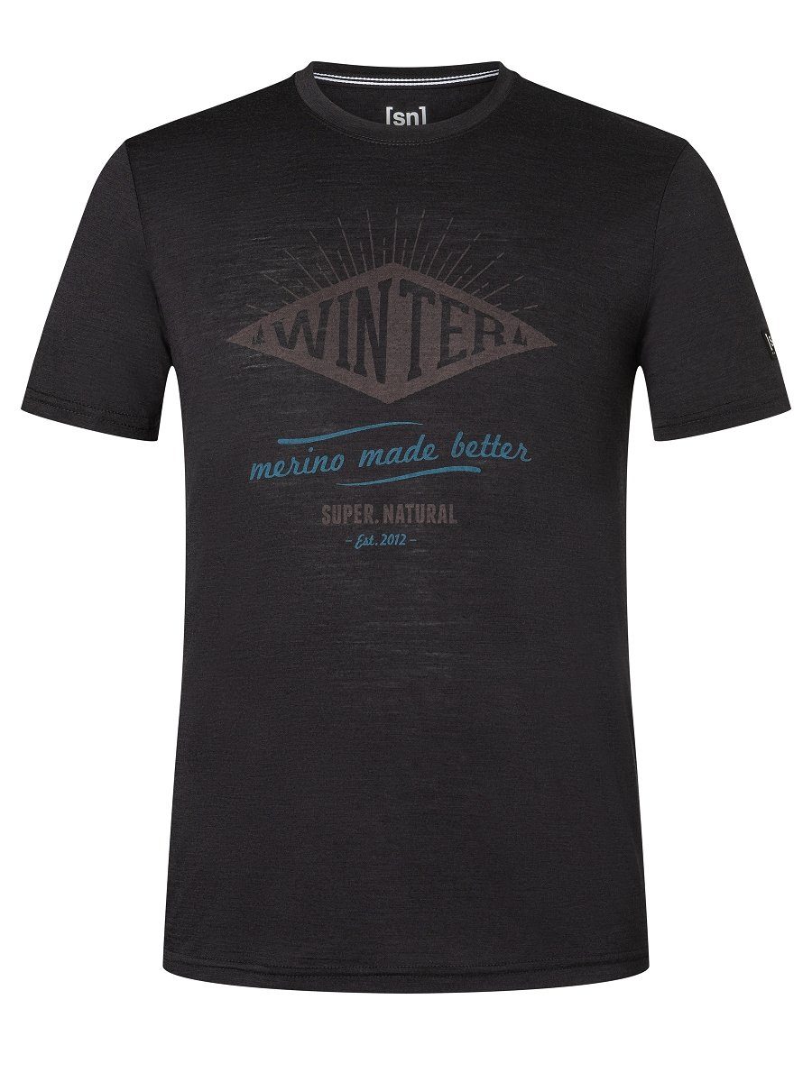 SUPER.NATURAL Print-Shirt Merino T-Shirt M WINTER TEE funktioneller Merino-Materialmix Jet Black Melange/Wine Tasting/Hydro | T-Shirts