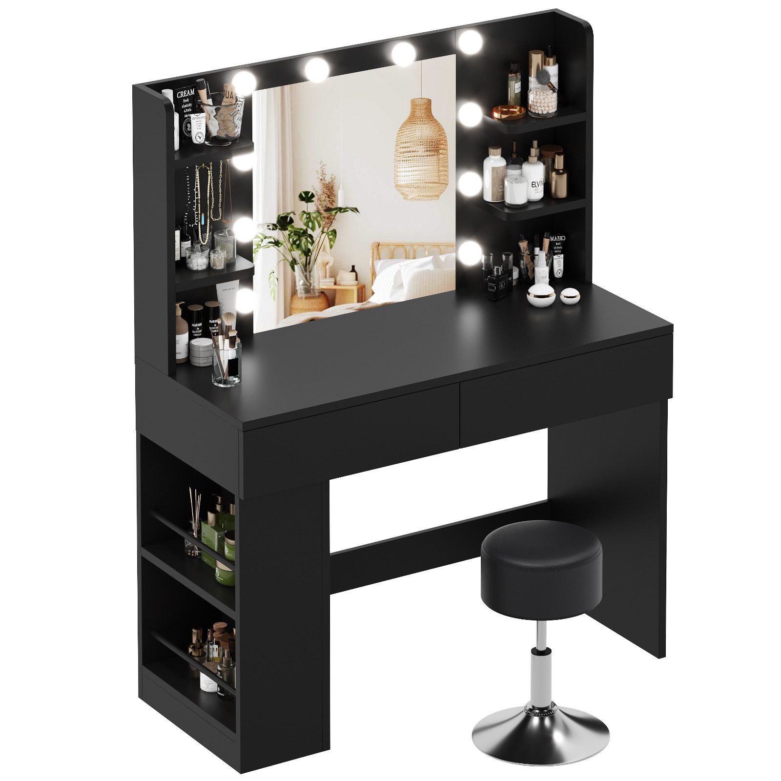 HOMALL Schminktisch Mit dreifarbiger LED-Beleuchtung, Helligkeit einstellbar (Länge × Breite × Höhe) 90 × 40 × 137 cm, mit Steckdose und 2 USB-Anschlüssen, seit – Bild 2 von 5