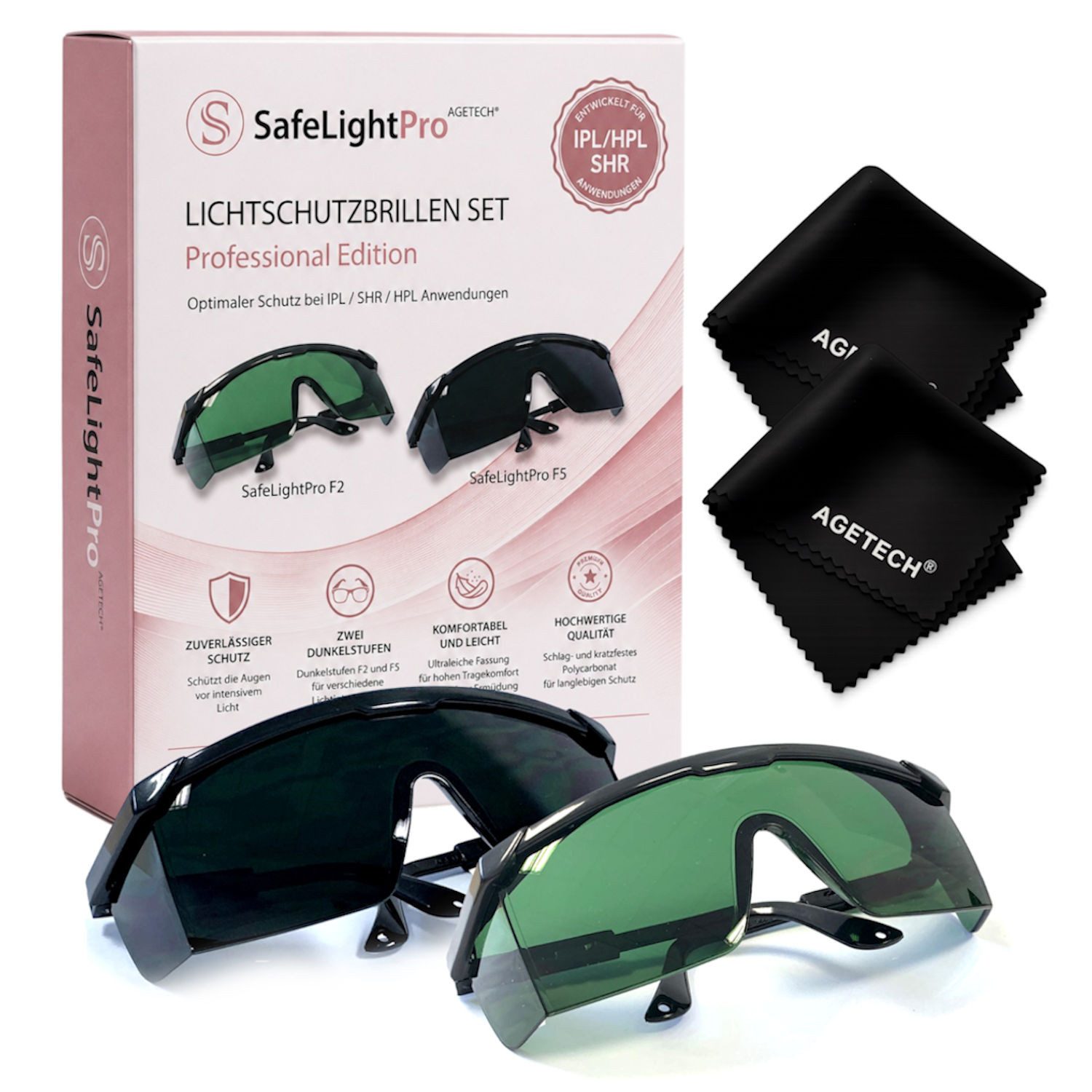 AGETECH Arbeitsschutzbrille SafeLightPro F2/F5 Profi-Set für IPL/SHR/HPL Haarentfernung 250-3000nm, GEPRÜFT und ZUGELASSEN in DEUTSCHLAND