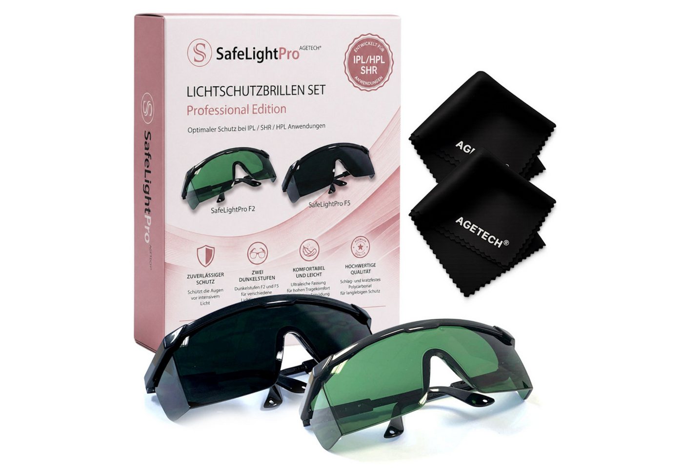 AGETECH Arbeitsschutzbrille SafeLightPro F2/F5 Profi-Set für IPL/SHR/HPL Haarentfernung 250-3000nm, GEPRÜFT und ZUGELASSEN in DEUTSCHLAND