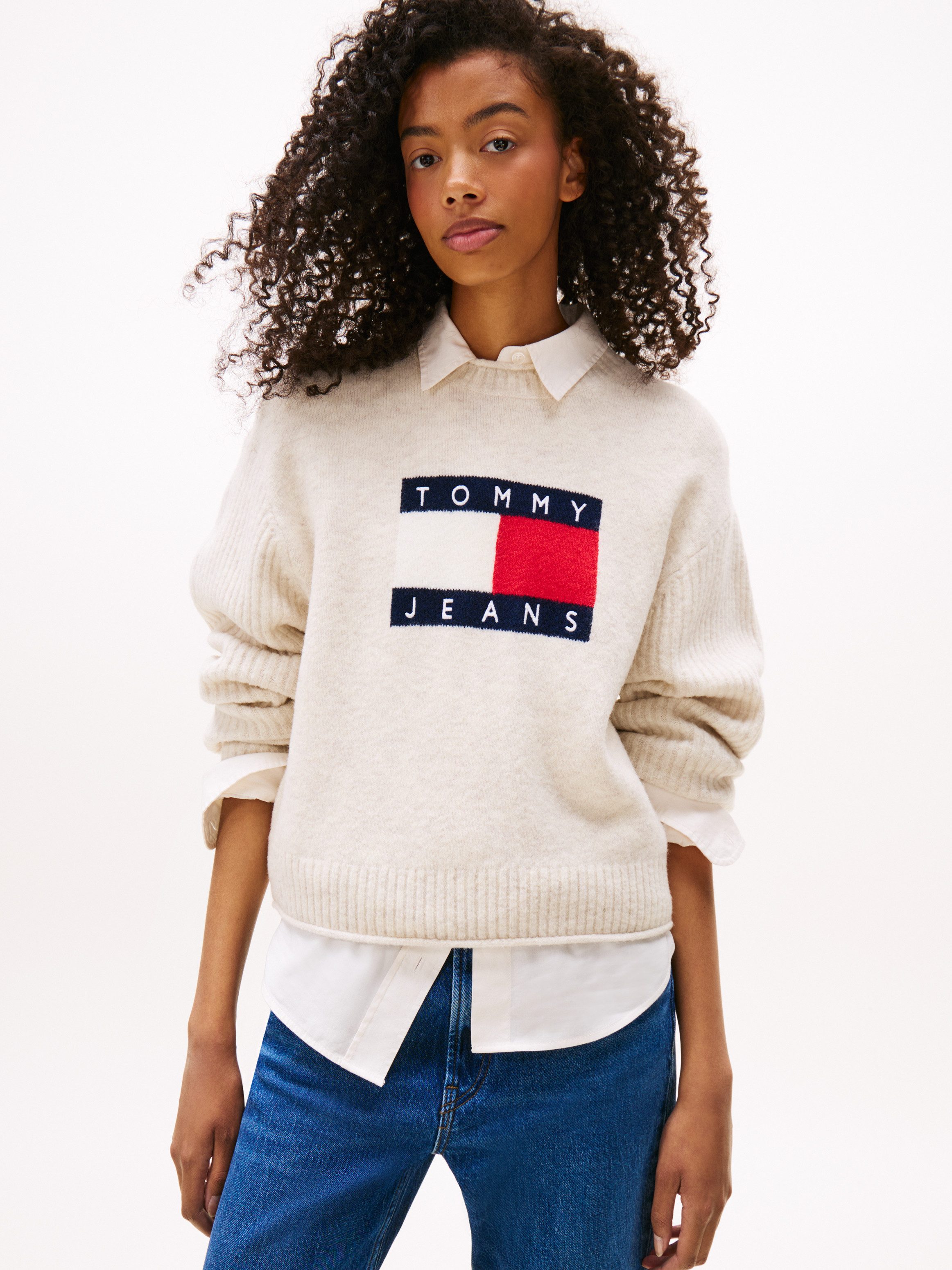 Tommy Jeans Strickpullover TJW MELANGE FLAG SWEATER RIB EXT in gerippter St günstig online kaufen