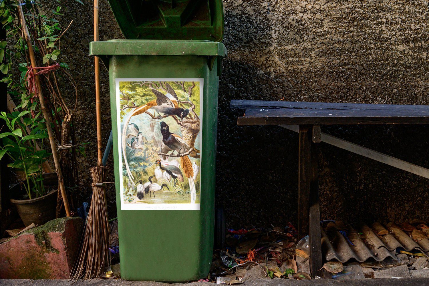 Sticker, Vogeldrucke St), Wandsticker Antike Mülltonne, Abfalbehälter Container, (1 Familie Mülleimer-aufkleber, MuchoWow