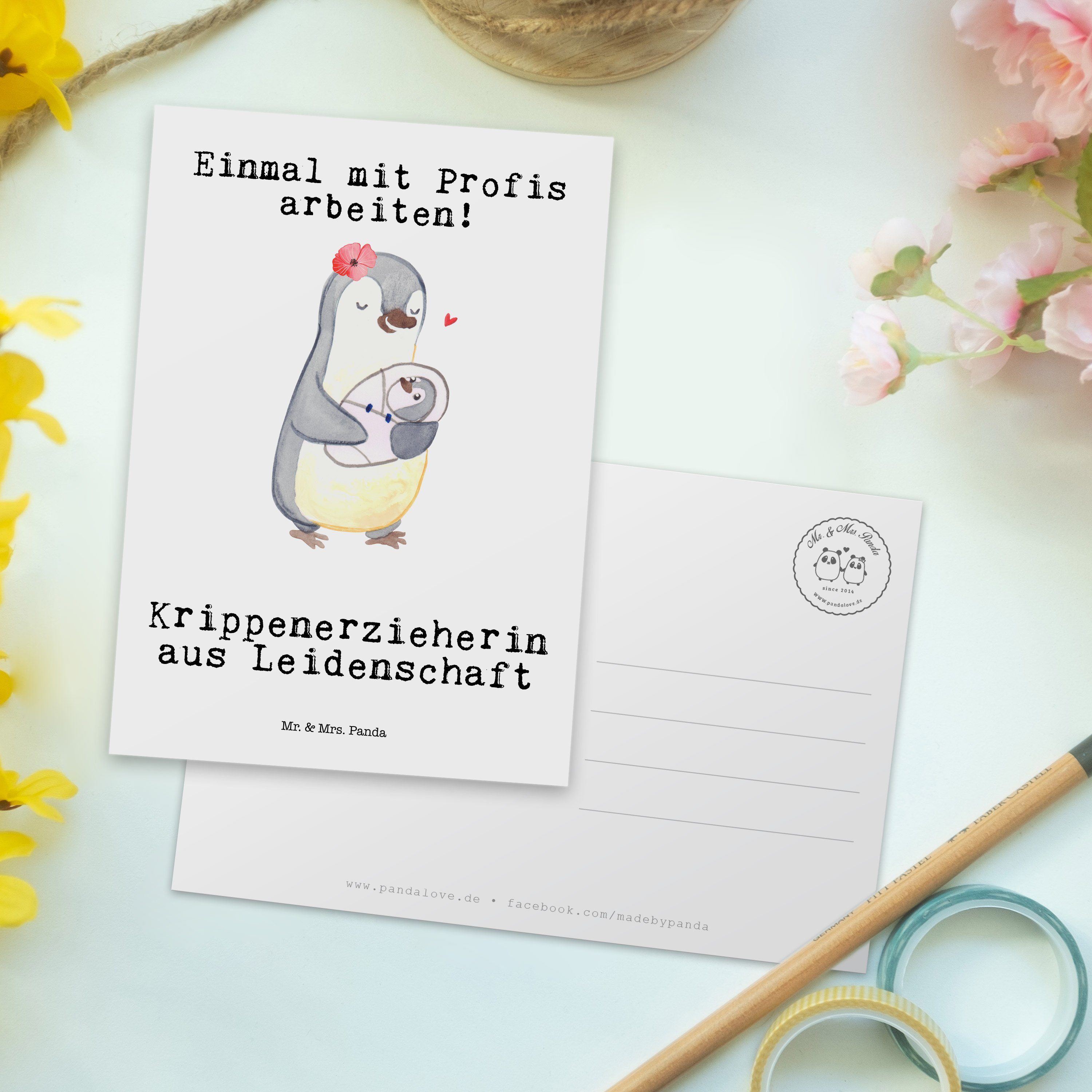 Karte, Mr. Panda - Weiß Geschenk, Postkarte Dankeska & Krippenerzieherin - Leidenschaft Mrs. aus