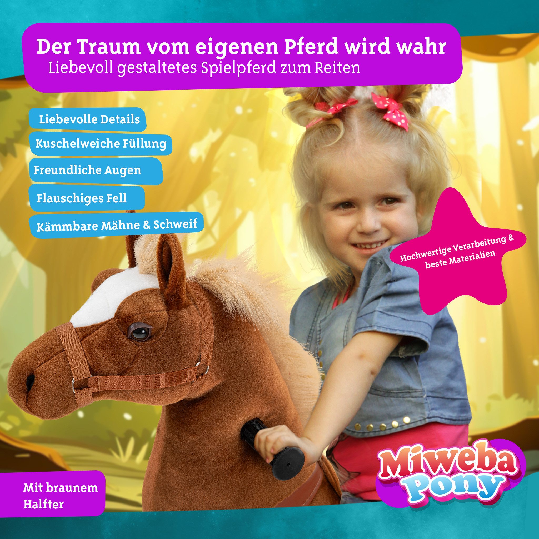 miweba Reitpferd für Kinder Amadeus - Pony mit Rollen, Schaukelpferd, Kinder Pony mit Lenkung, Pferd für Kinder mit Sattel