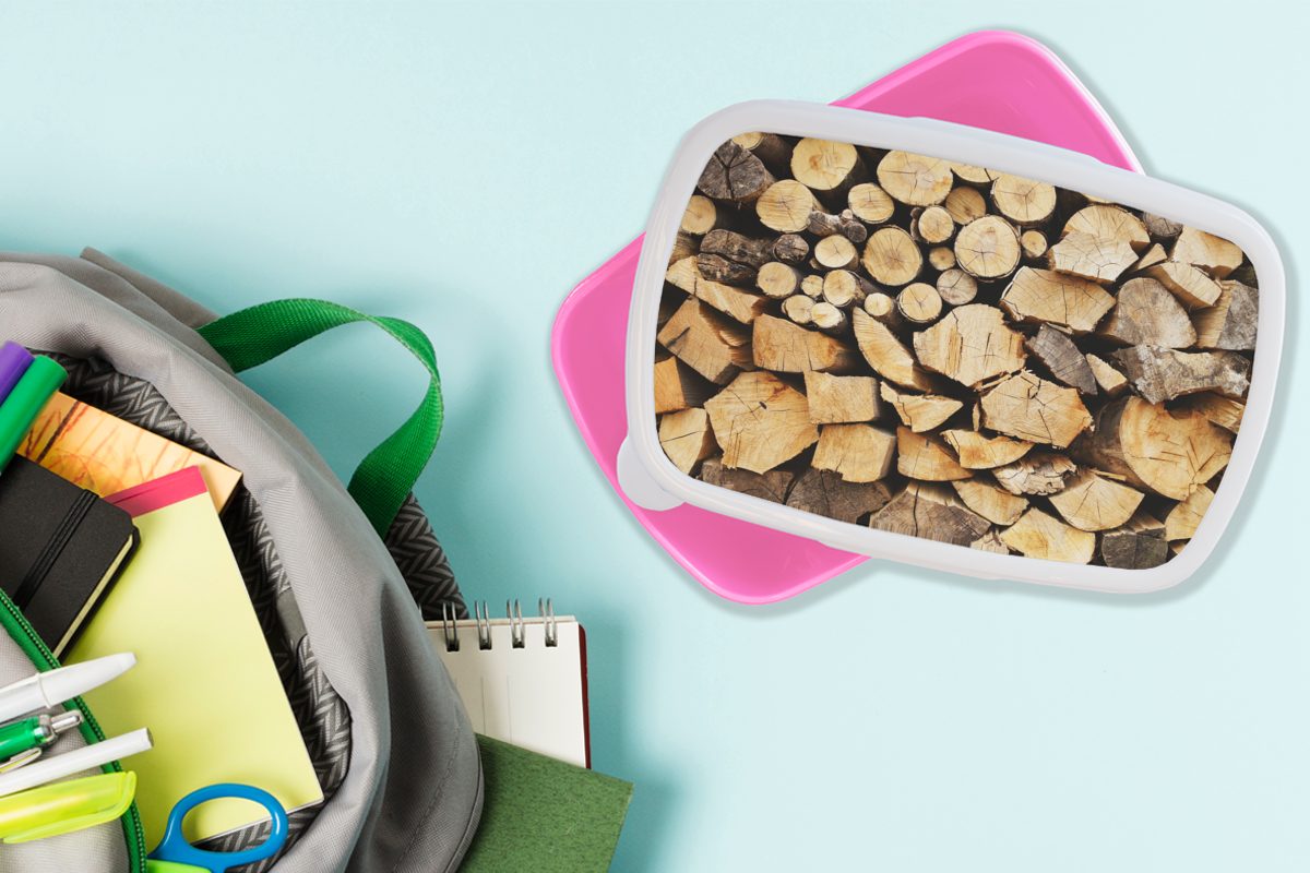 MuchoWow Lunchbox Gestapeltes rosa Brotdose Brotbox Kunststoff Erwachsene, für Kunststoff, Kinder, (2-tlg), Snackbox, Brennholz, Mädchen