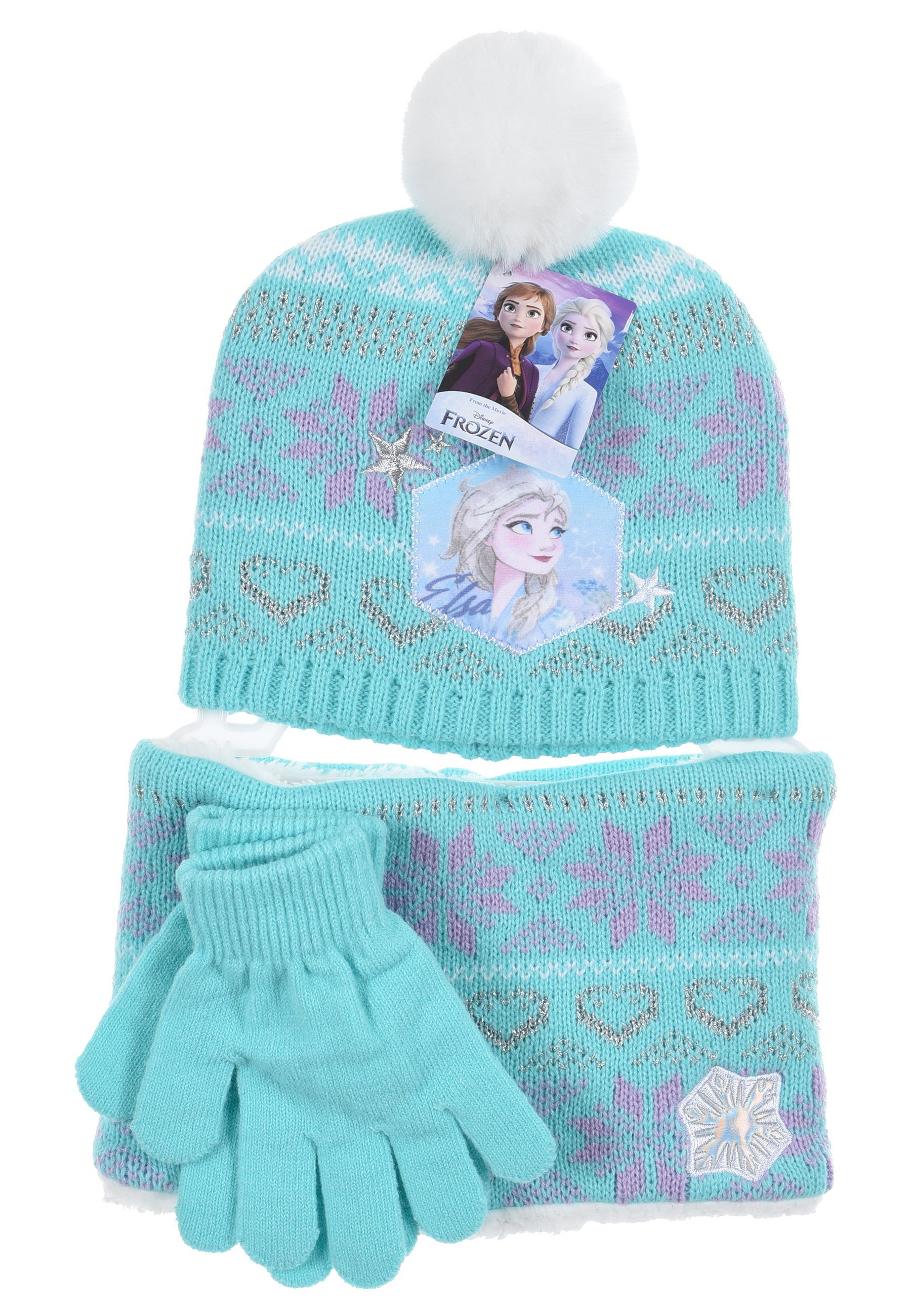 Disney Frozen Bommelmütze Mädchen Kinder Schal & Blau (SET) 3 Handschuhe Mütze, Winter-Set tlg