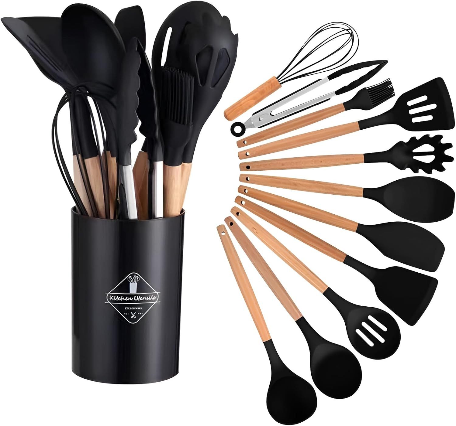 LA CUTE Kochbesteck-Set 12-teiliges Silikon-Küchenutensilien-Set mit Holzgriffen (Vielseitiges Kochbesteck-Set für den täglichen Gebrauch, 12-tlg., 12-teiliges Küchenutensilien-Set mit Silikon und Holz), Hitzebeständiges Silikon, ergonomische Holzgriffe