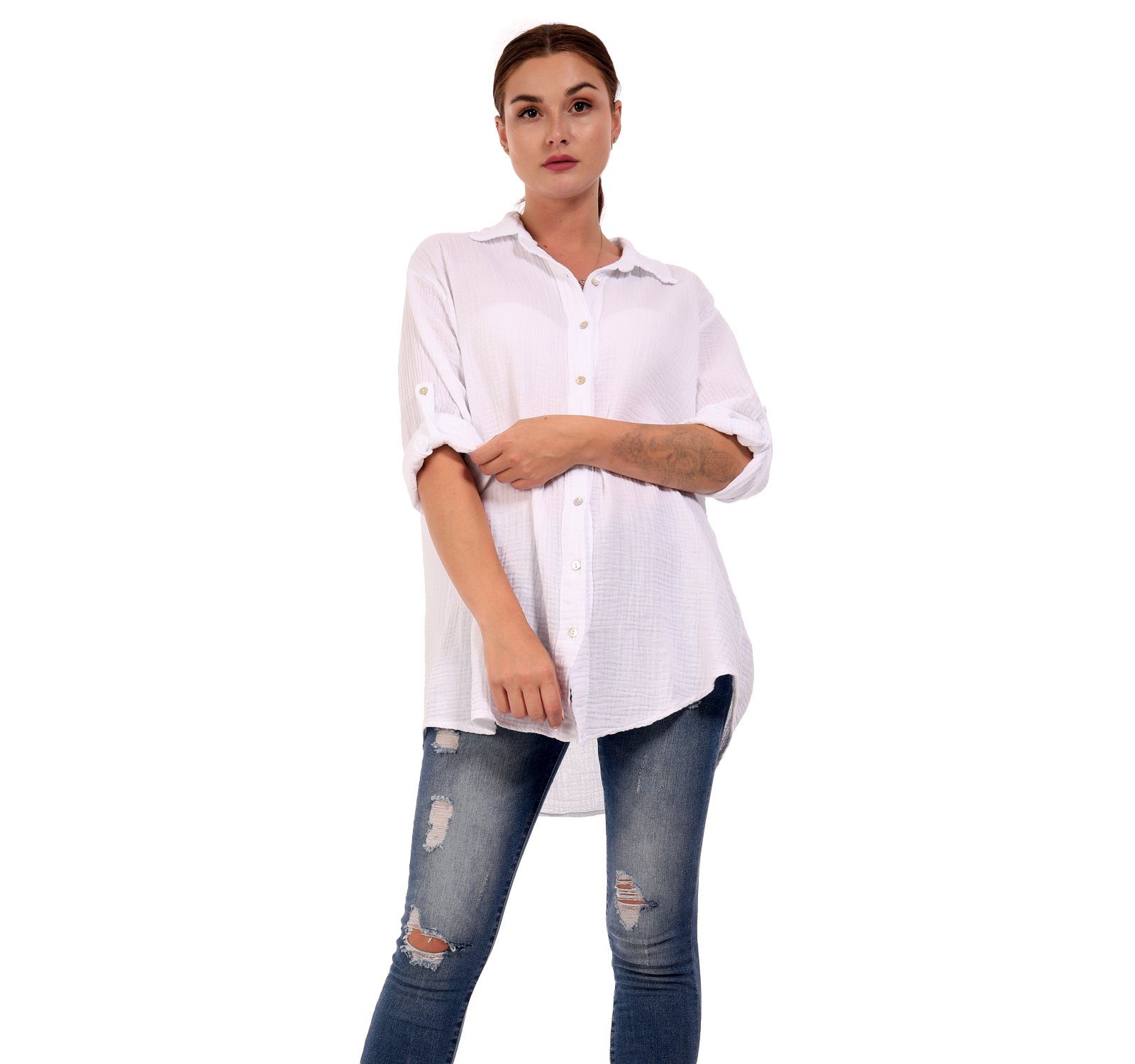 YC Fashion & Style Hemdbluse Bluse Oversized Long bluse Herrlich weicher Musselin One Size (1-tlg) Uni, Langarm, Casual weiß