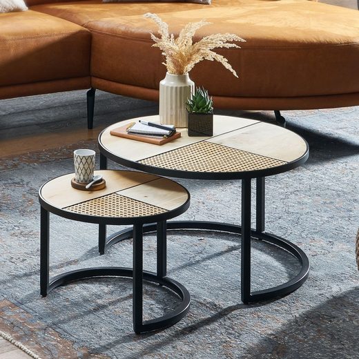 FINEBUY Satztisch »FB63019«, 2er Set Mango / Rattan Beistelltisch mit