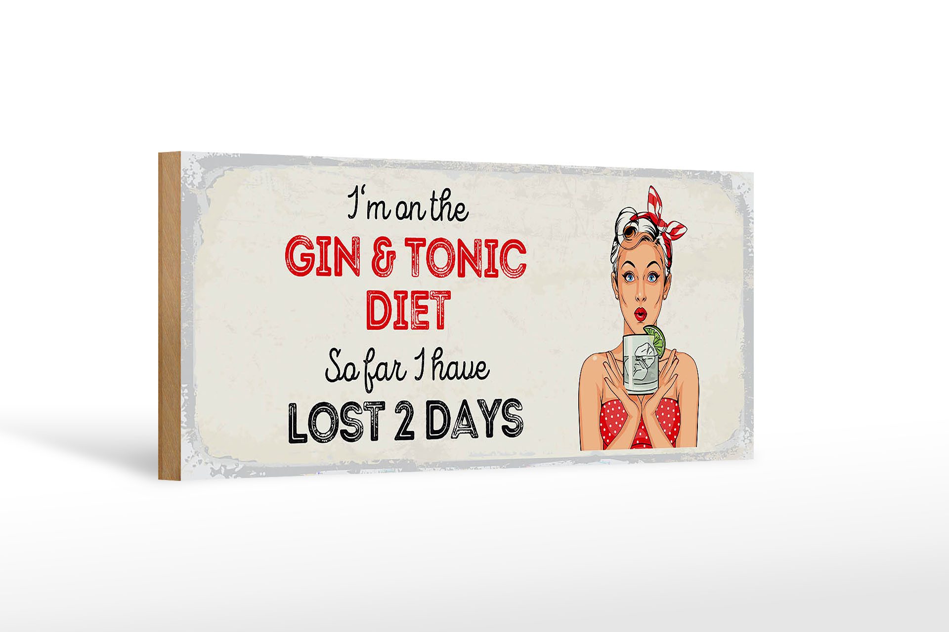 Holzbild Spruch I`m on the Gin & Tonic Diet rot 27x10cm