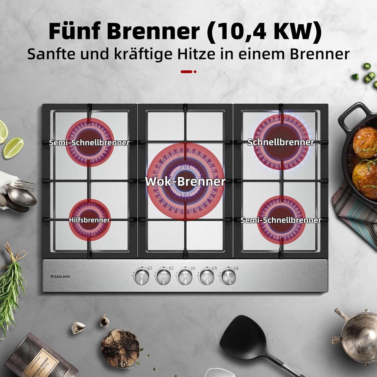 GASLAND Gas-Kochfeld GH2705SS1FC, 76 cm Einbau Gaskochfeld mit Wok Brenner 5 Flammig, LPG/Erdgas, 10400W