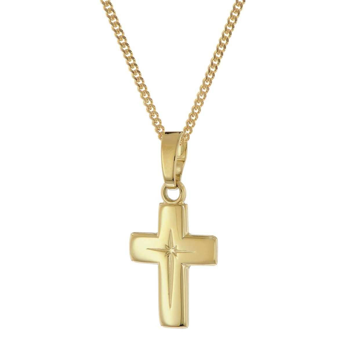 trendor Kreuzkette 28392, Kreuz-Anhänger für Kinder Gold 585/14K mit goldplattierter Kette