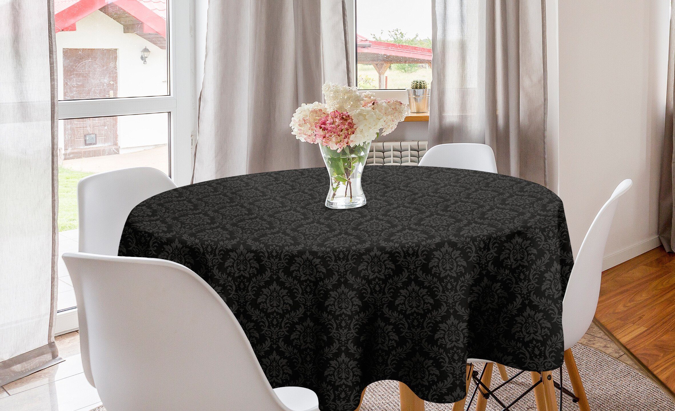 Dekoration, Schwarz Kreis Tischdecke Abakuhaus Abdeckung für Küche und Esszimmer Damast-Muster-Kunst Tischdecke Grau