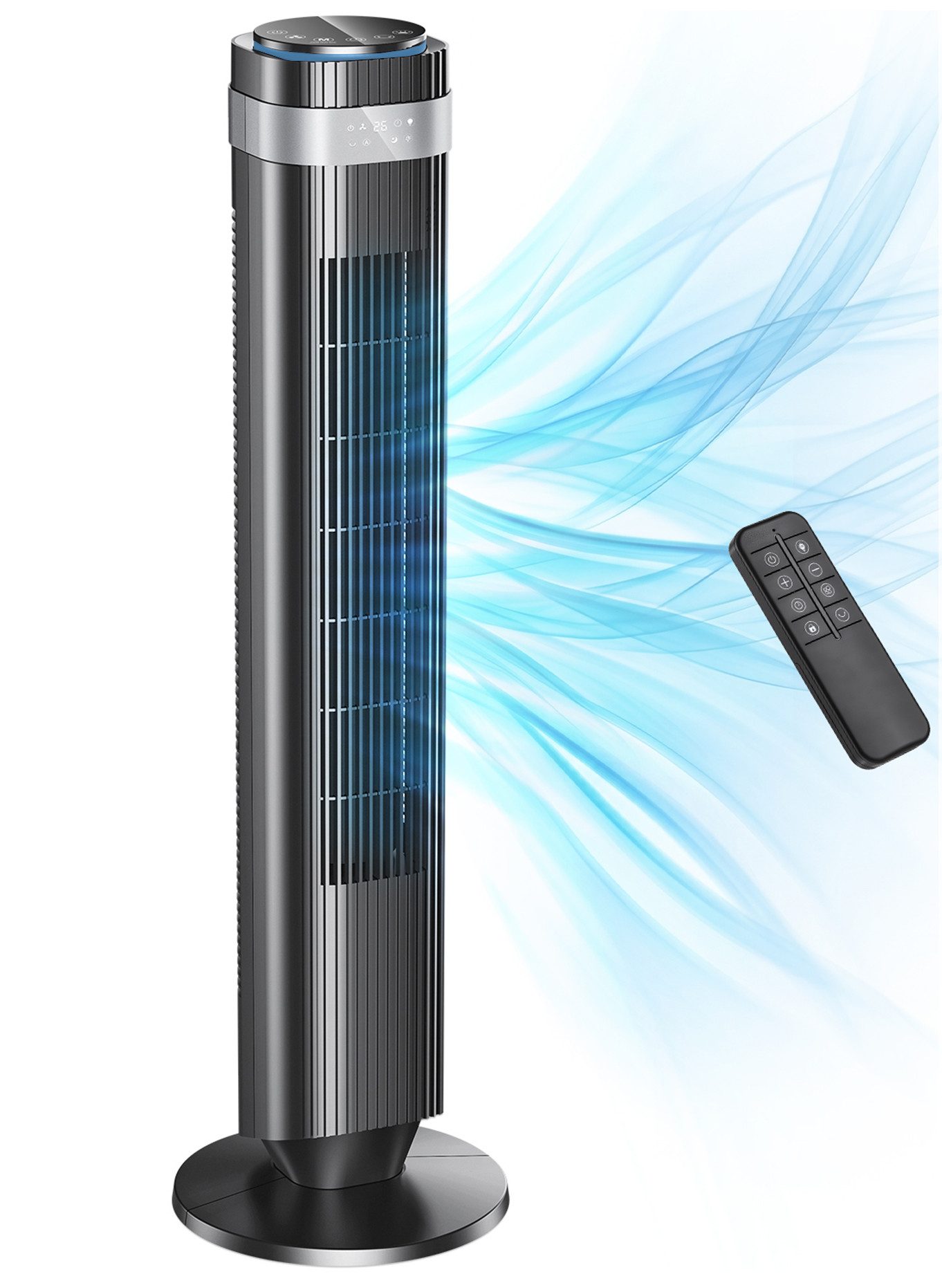 oyajia Turmventilator Ventilator leise 90° Oszillation,3 Geschwindigkeiten,6 Modi,12H Timer, Standventilator mit Fernbedienung, LED-Lichtleiste, für Zimmer, Büro