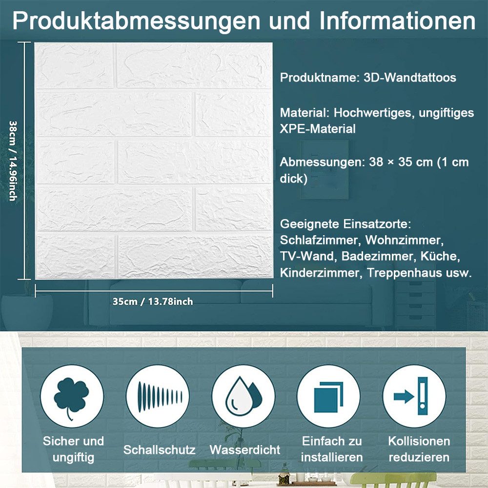 TUWENA 3D-Tapete 10/20 Stück weiße 3D-Wandtattoos, wasserfest und leicht zu reinigen, (10 St)