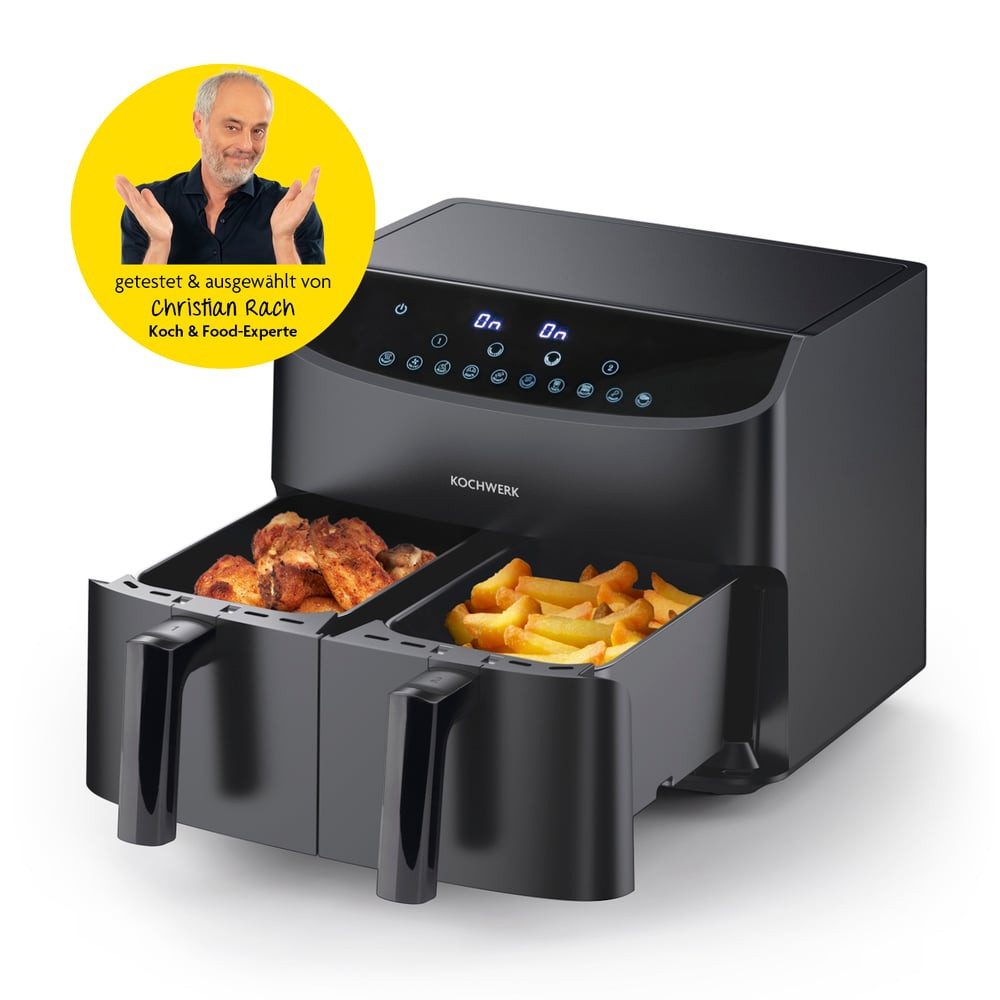 Rachs KOCHWERK Heißluftfritteuse Doppelkammer 7L digitaler Airfryer mit Touch, 2400 W, 10 Programme & 2 3,5L Kammern, Smart-Cook Funktion