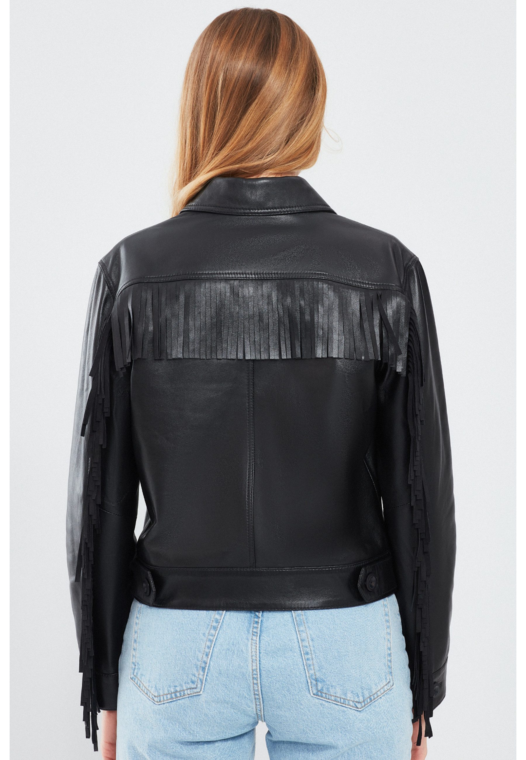 Derimod Lederjacke Luna Lederjacke mit Fransen Regular Fit, Knopfverschluss, Hemdkragen, Kurz, Textilfutter