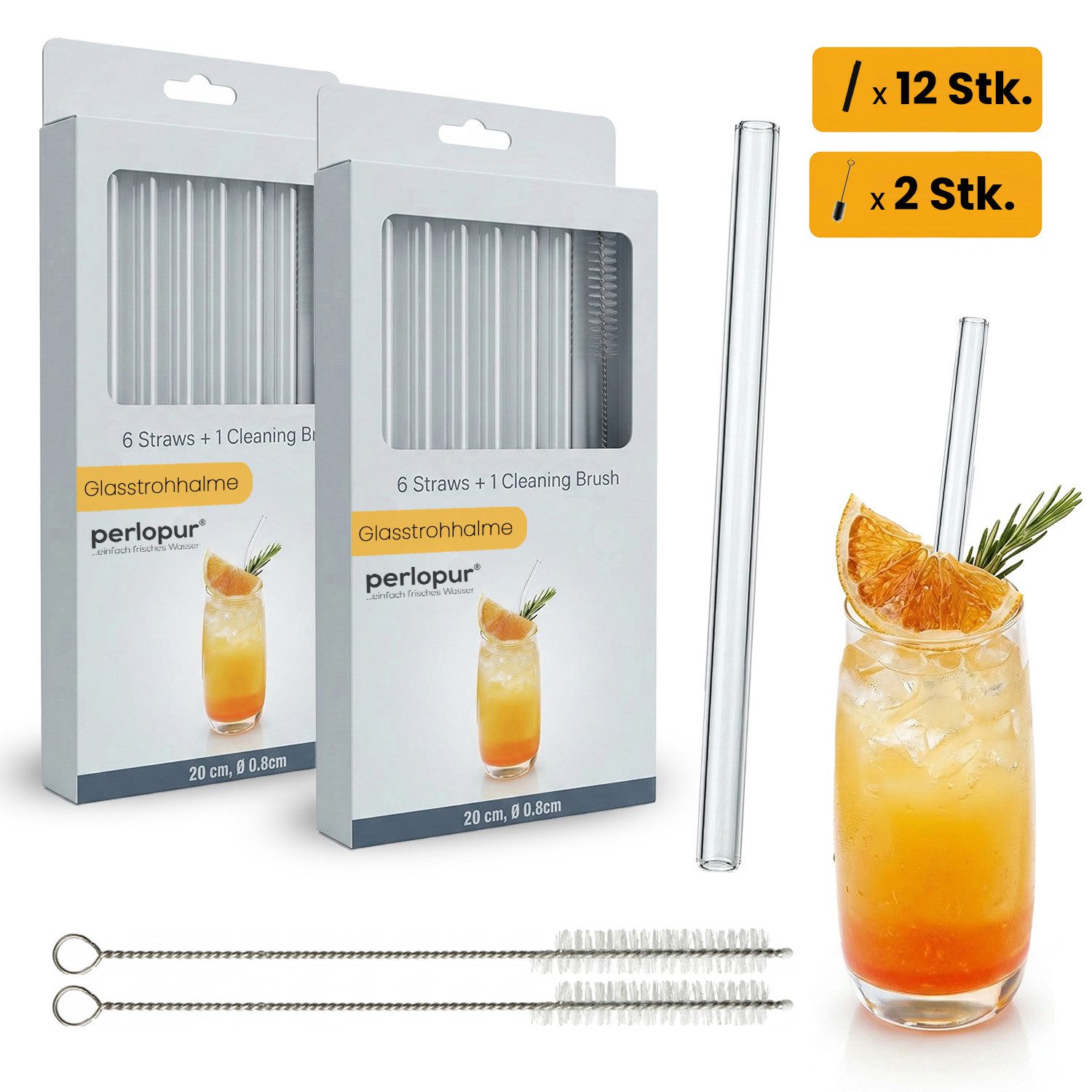 PerloPur Trinkhalme 12 Glasstrohhalme (gerade) Trinkhalme aus Glas 2 Reinigungsbürsten, (Strohhalme aus Glas mit Reinigungsbürste), 12 Strohhalme aus Glas