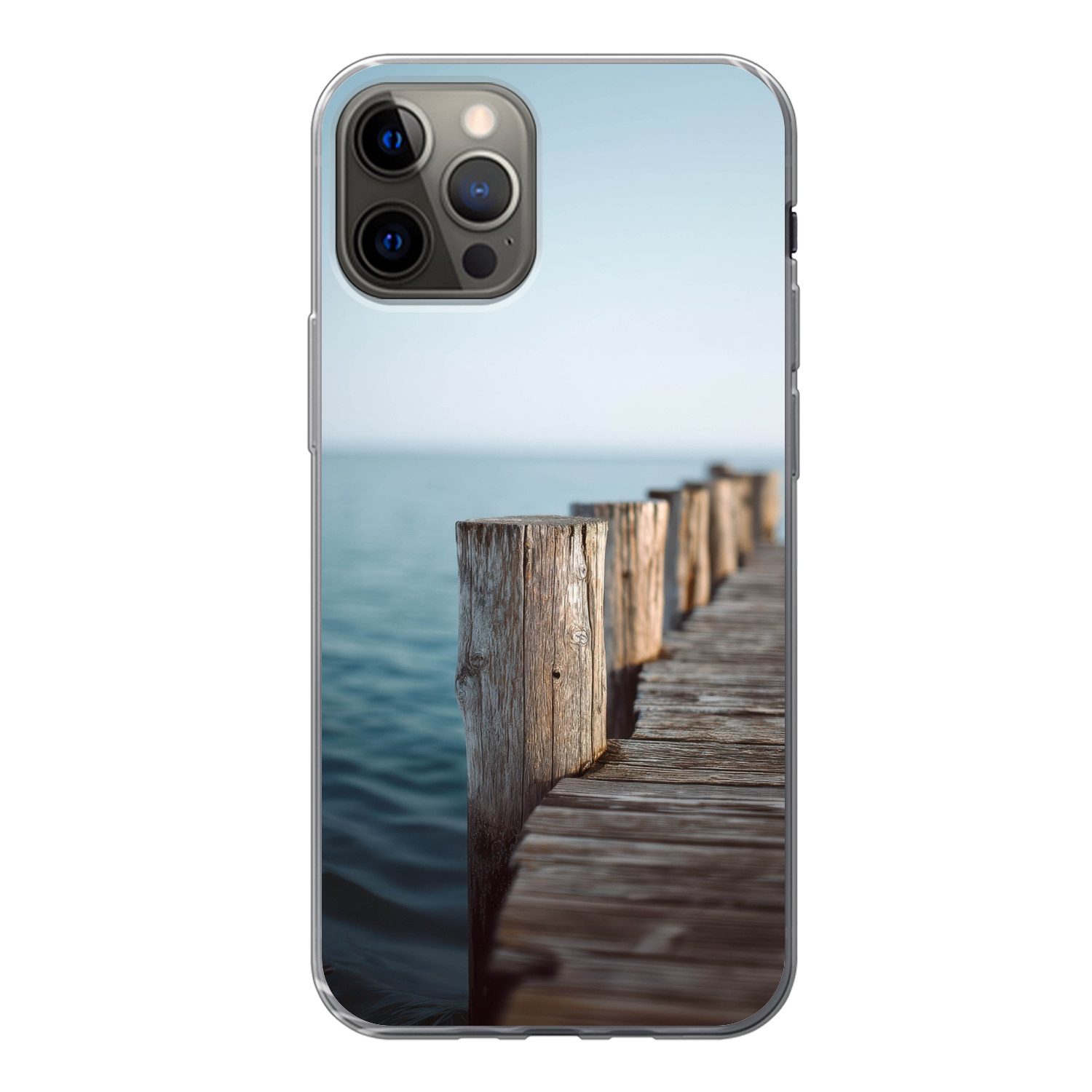 MuchoWow Handyhülle für Apple iPhone 12 Pro Hölzernes Gerüst - Strahlend blauer Himmel, Smartphone-Bumper, Print, Handy Schutzhülle Dünn