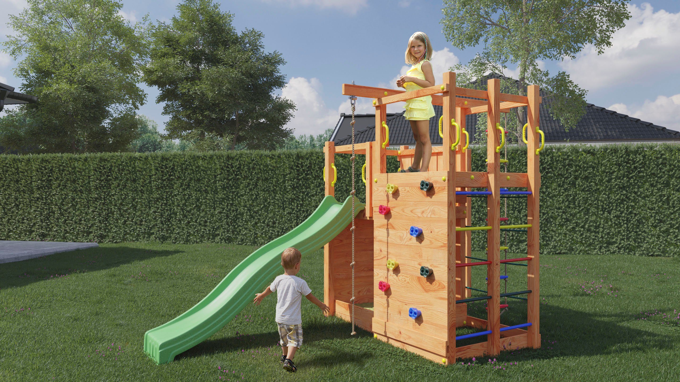 FUNGOO Spielturm Climbing Star2, mit Schaukel & Rutsche, Klettererweiterung