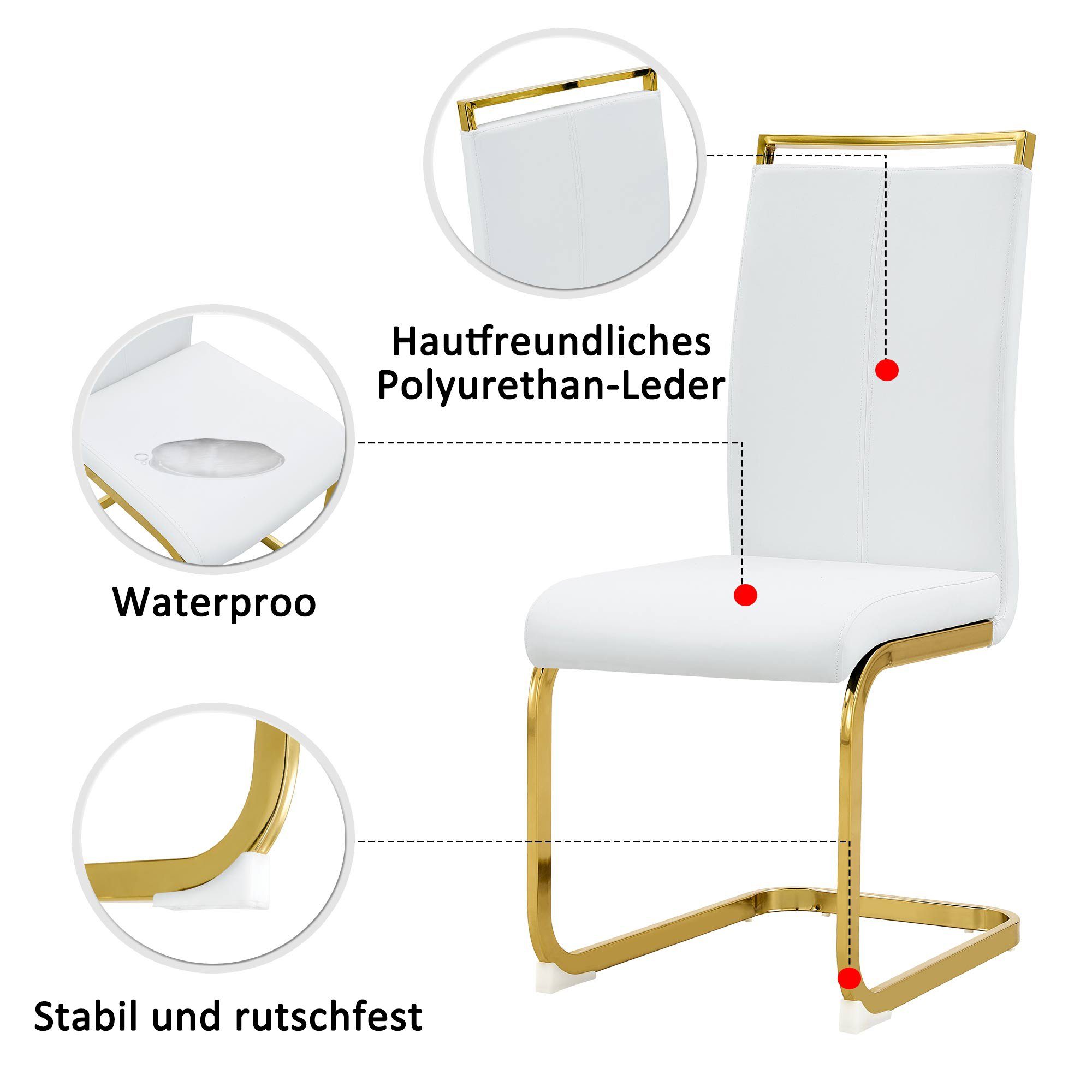 Flieks Freischwinger (4 St), 4er Kunstleder Set goldfarben Esszimmerstuhl | Weiß Schwingstühle Polsterstuhl