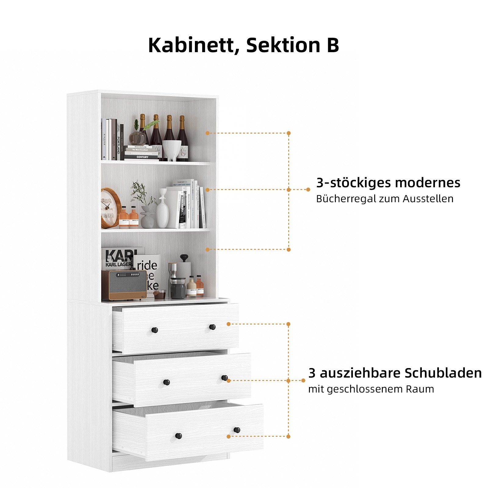 VOWNER Bücherregal 5-stöckiges Bücherregal mit Glastüren, 180 cm Vitrinenschrank, 2-tlg., multifunktionaler Küchenschrank Hochschrank & Buffetschrank