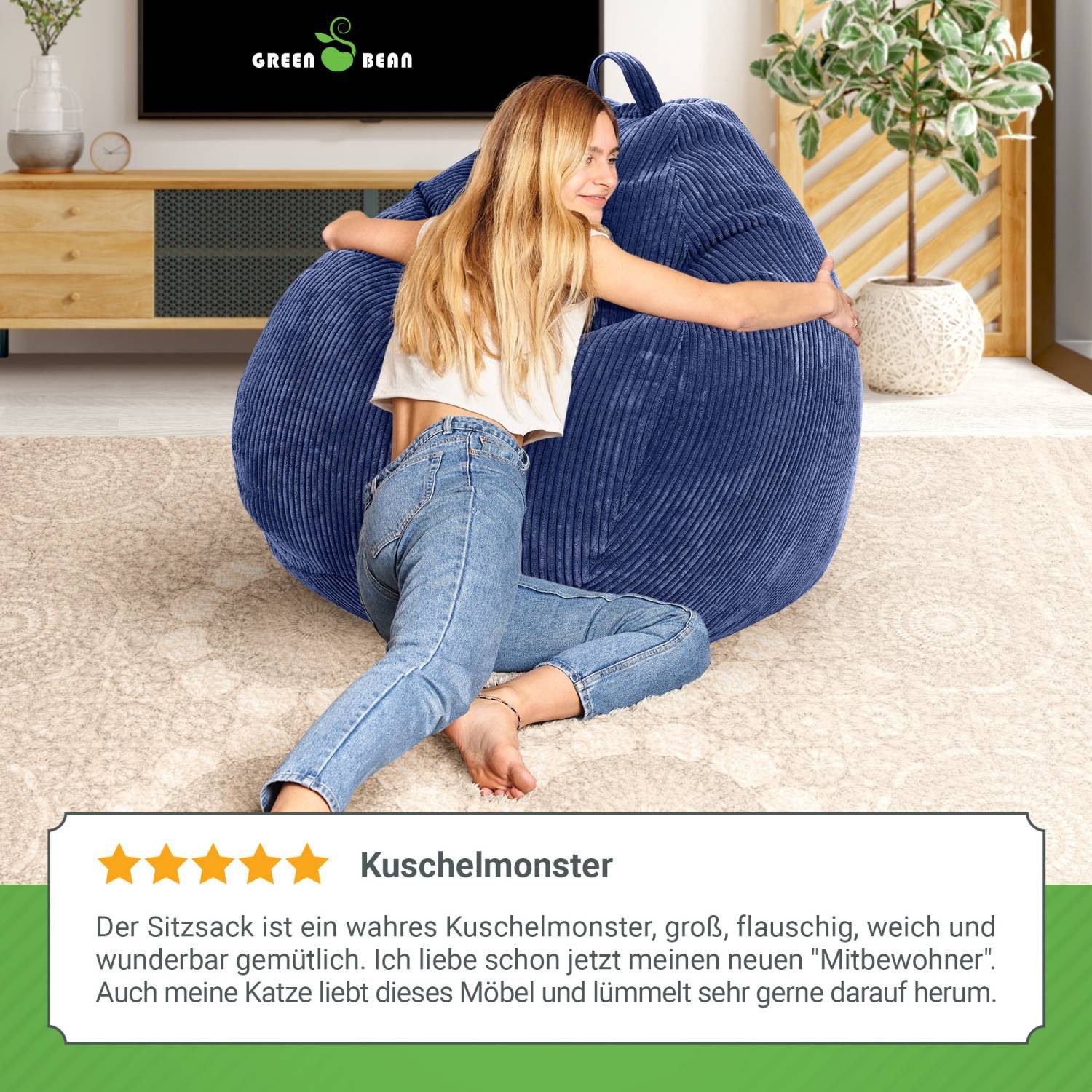 Green Bean Sitzsack Indoor Sitzsack Scoop 90x110cm - Cord (Indoor Sitzsack 90x110cm aus Cordstoff mit EPS-Perlen Füllung, Kuschelig Weich Waschbar - Drinnen Bod – Bild 4 von 5