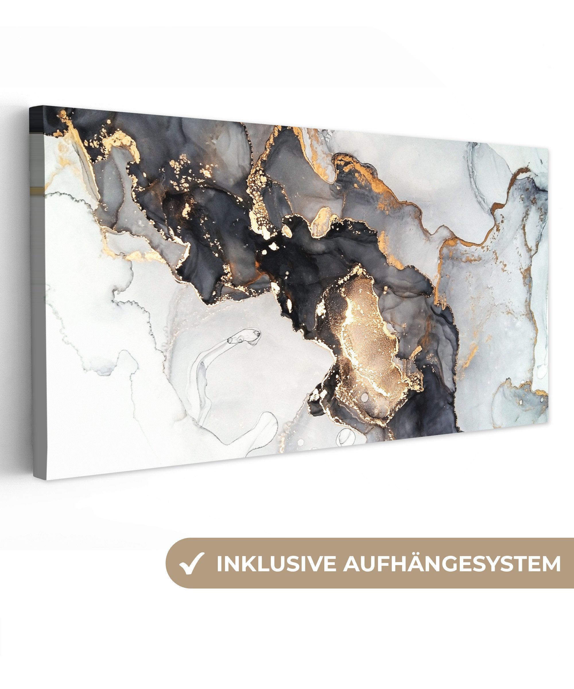 OneMillionCanvasses® Leinwandbild Panorama Marmor - Schwarz - Weiß - Gold - günstig online kaufen