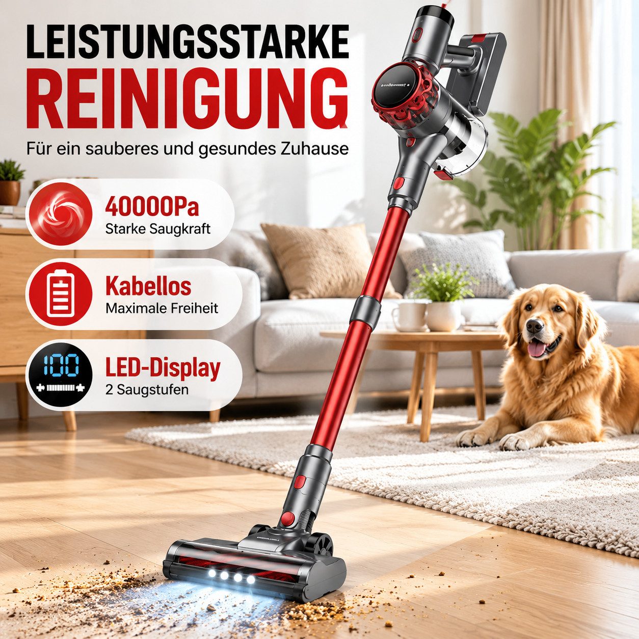 MIBODE Hand-und Stielstaubsauger S3P Red-gray Cordless Broom Vacuum Cleaner