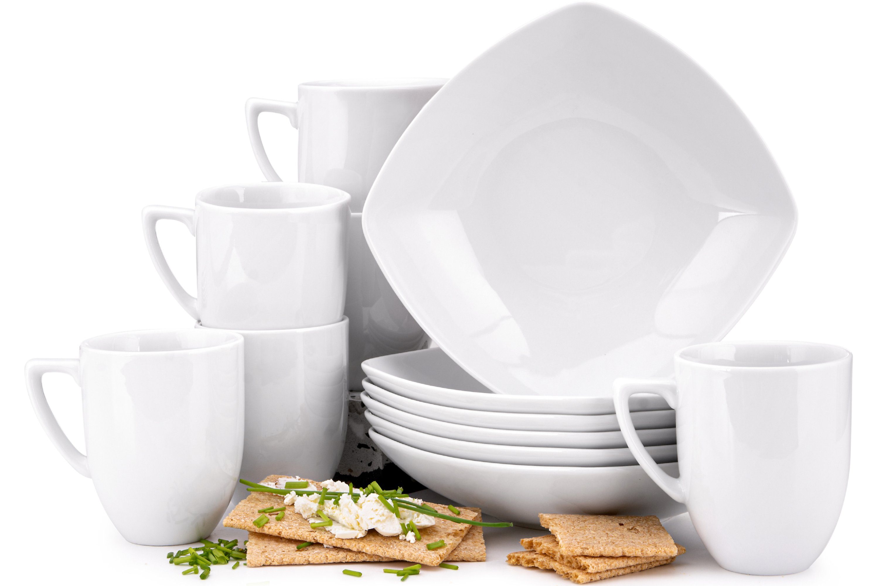 Konsimo Frühstücks-Geschirrset CARLINA Becher-Set & Teller-Set (12-tlg), 6 Personen, Porzellan, Spülmaschinen- und Mikrowellengeeignet, quadratisch weiß | Geschirr-Frühstückssets