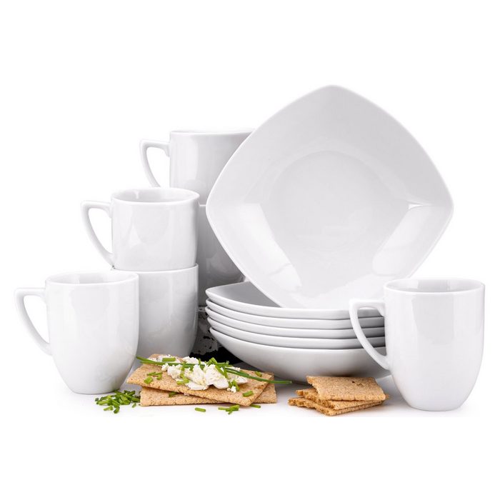 Konsimo Frühstücks-Geschirrset CARLINA Becher-Set & Teller-Set (12-tlg) 6 Personen Porzellan Spülmaschinen- und Mikrowellengeeignet quadratisch