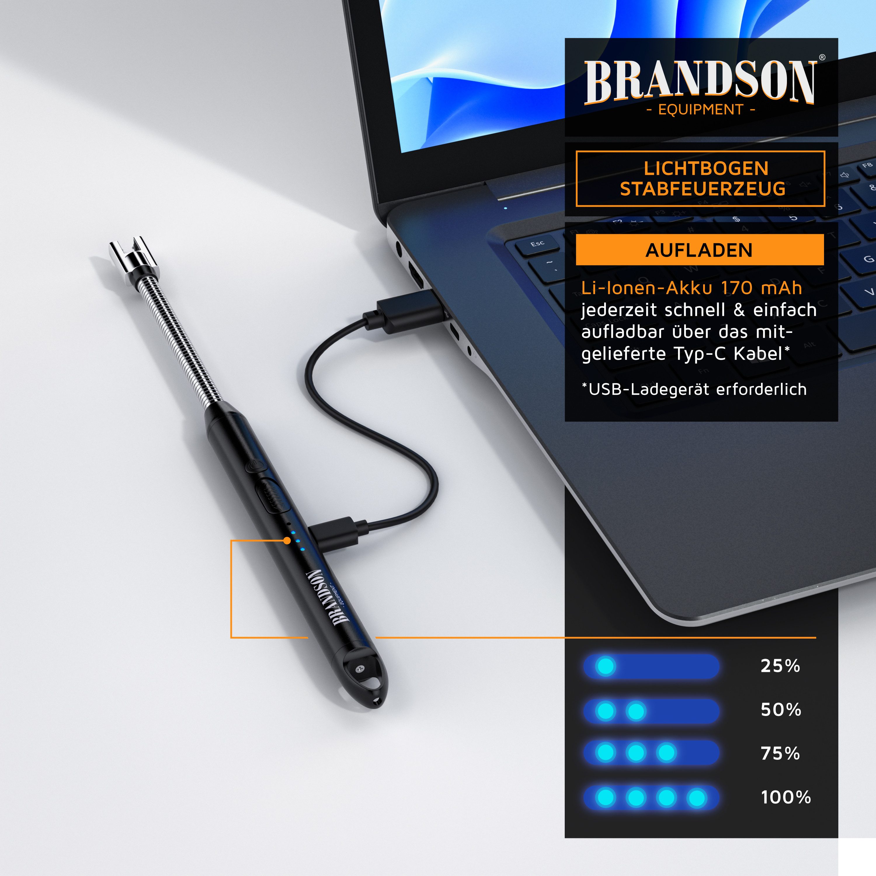 Brandson Feuerzeug 2er Set Lichtbogen Feuerzeug elektrisch USB schwarz-silber (2-St), USB-C aufladbar, flexibler Hals für, Kerzen, Gasherde, Grill, Kamin – Bild 5 von 5