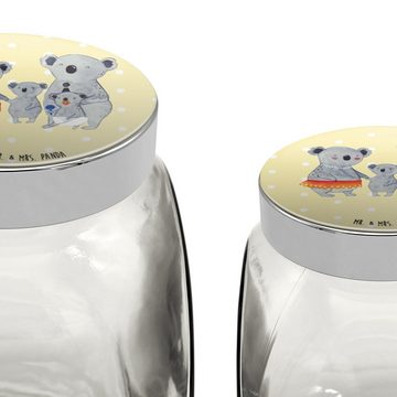 Mr. & Mrs. Panda Vorratsglas L 870ml Koala Familie - Gelb Pastell - Geschenk, Süßigkeitendose, Mam, Premium Glas, (1-tlg), Design-Highlight