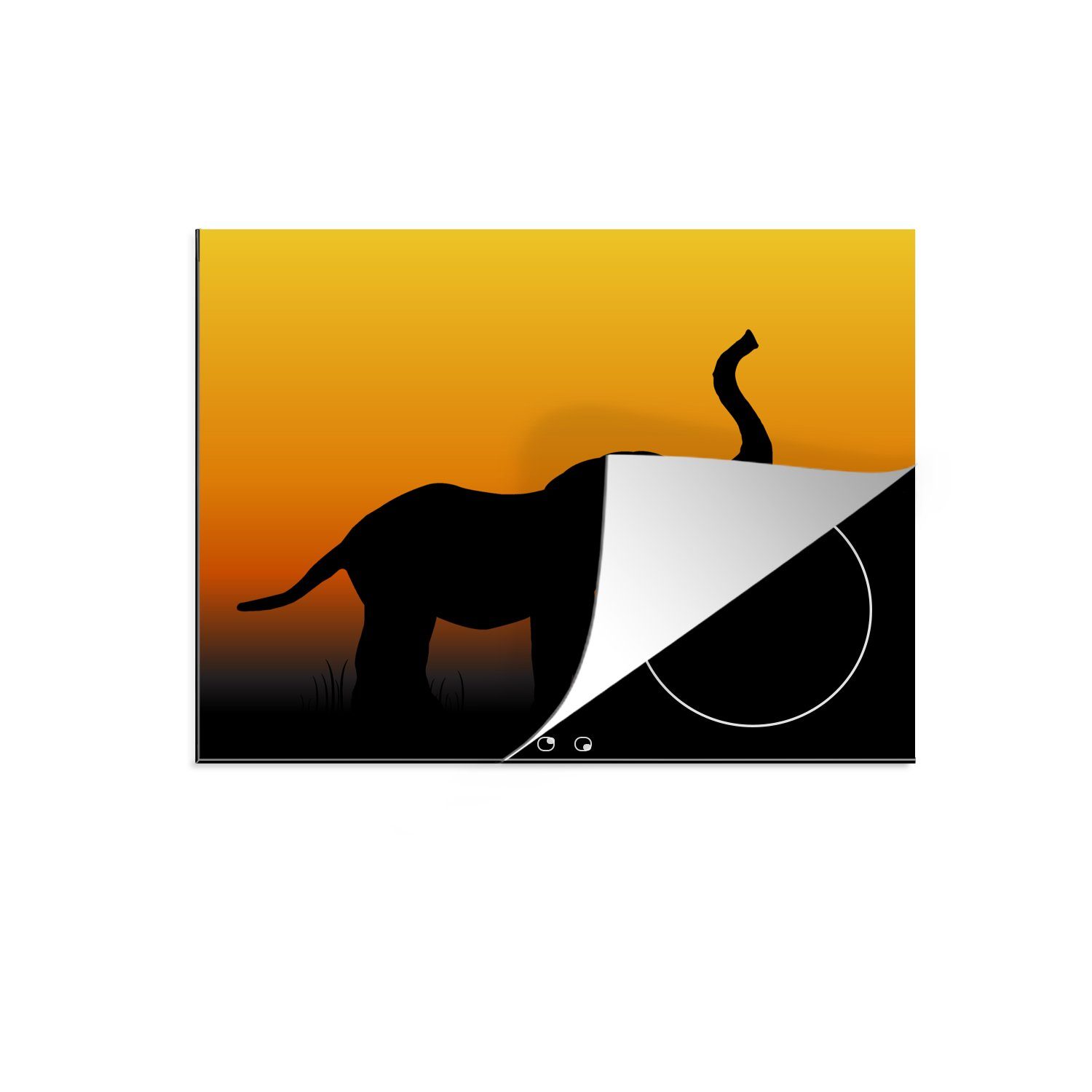 MuchoWow Herdblende-/Abdeckplatte Eine Vektor-Illustration eines Elefanten bei Sonnenuntergang, Vinyl, (1 tlg), 70x52 cm, Mobile Arbeitsfläche nutzbar, Ceranfeldabdeckung