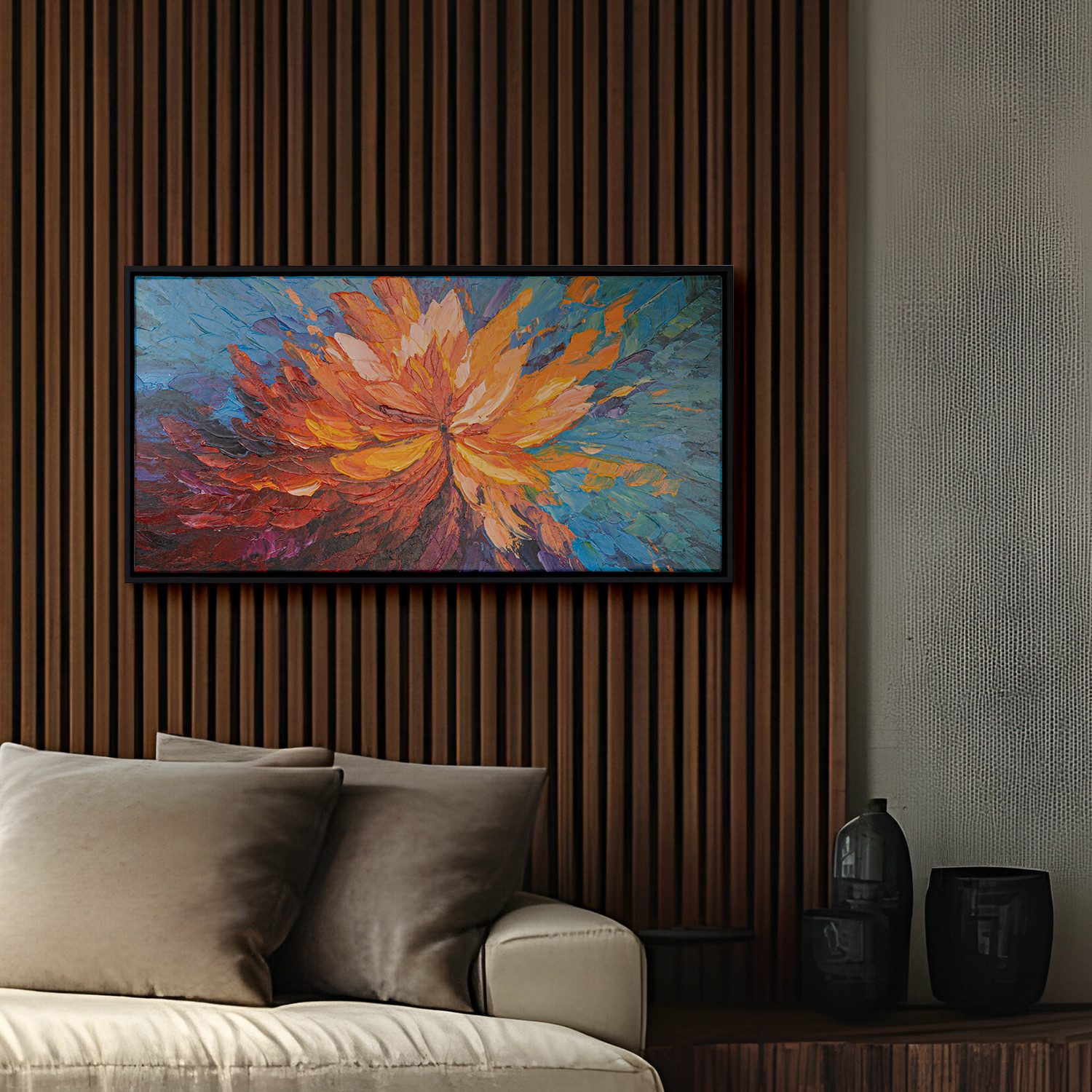 AUREDAS Gemälde "Balance im Chaos", Gemälde, 120x60cm, Rahmen schwarz, Abstrakt, Urban, handgemaltes Acrylgemälde, Panorama Format