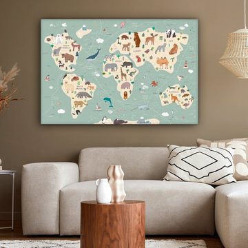 OneMillionCanvasses® Leinwandbild Erde - Weltkarte Kinder - Tiere - Jungen - Mädchen - Blau, (1 St), Leinwandbilder XXL für Wohnzimmer 150x100 cm