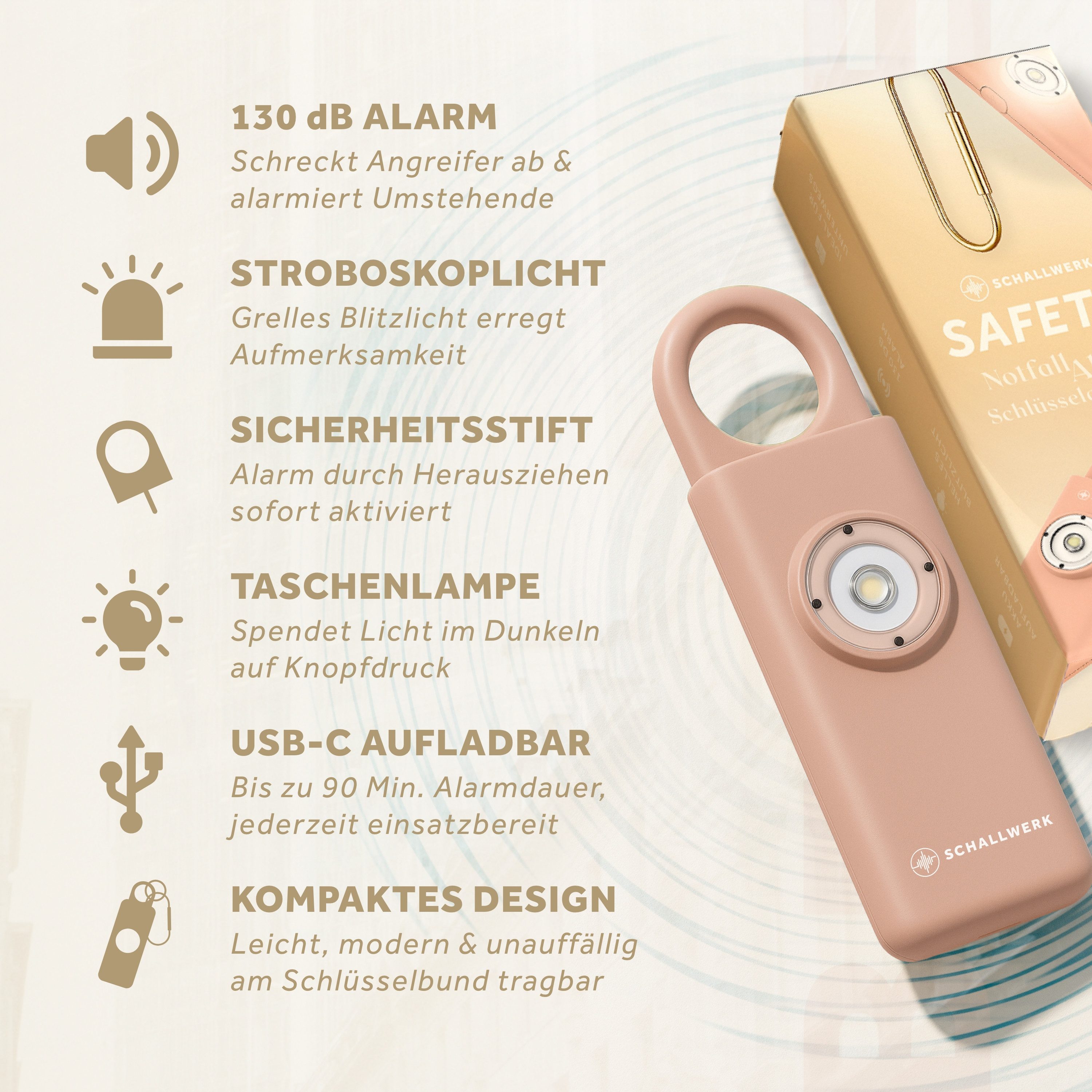 Schallwerk Taschenanhänger Taschenalarm für Selbstverteidigung & Sicherheit Lauter Alarm, LED-Stroboskoplicht, Schlüsselanhänger, für Frauen