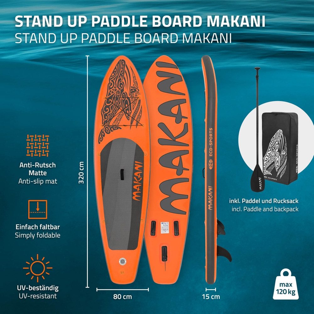 ECD Germany SUP-Board Stand Up Paddle Board aus PVC Paddelboard Paddling Board, Stand-Up Paddle-Board, SUP Board 320x80x15 cm 120 kg Traglast rutschfest orange inkl Zubehör