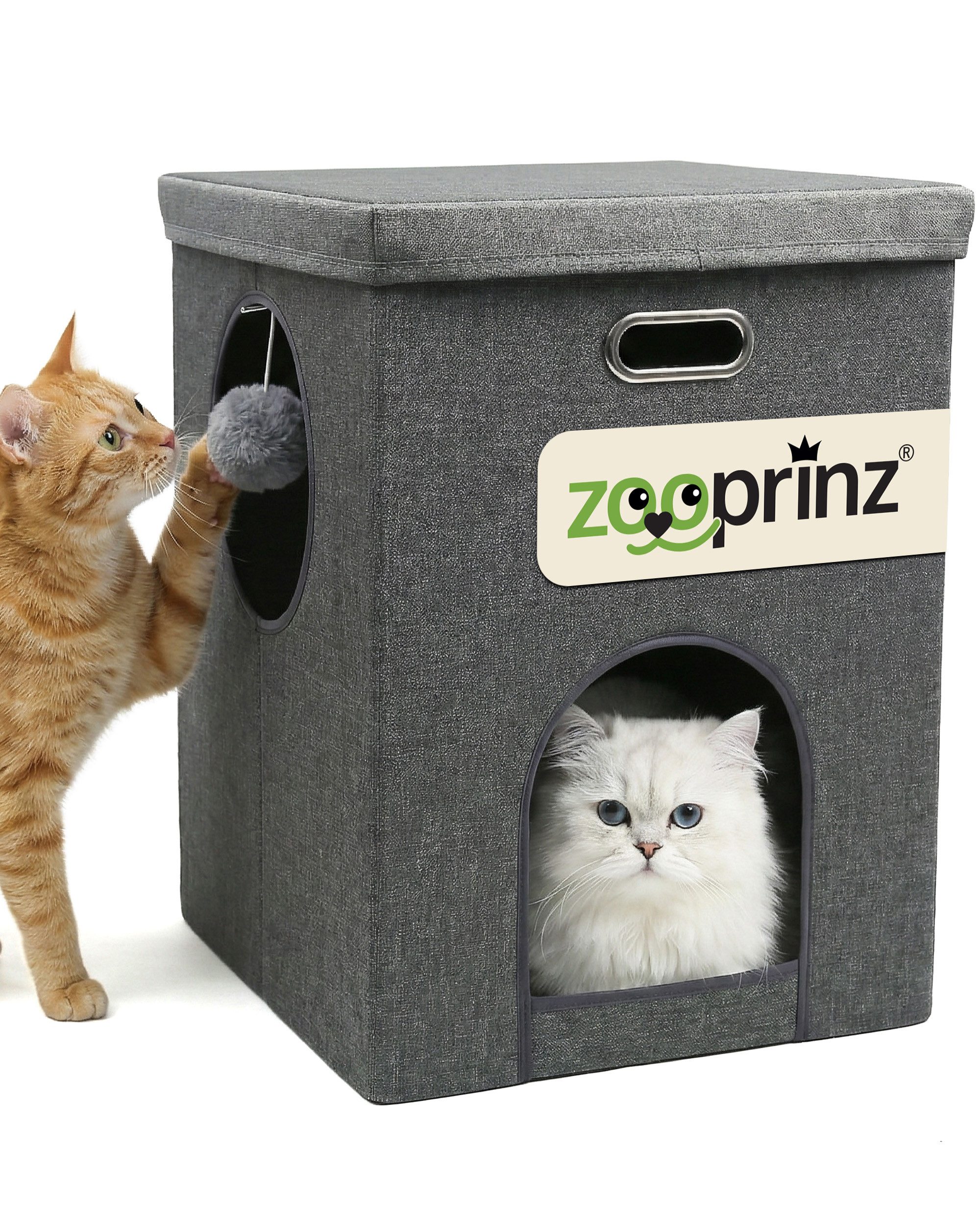 Zooprinz Katzenhaus Katzenhöhle Coco mit Spielball und Wendekissen, faltbar, 37 × 37 × 47 cm, Anti-Rutsch-Boden, Leinenstoff, Grau