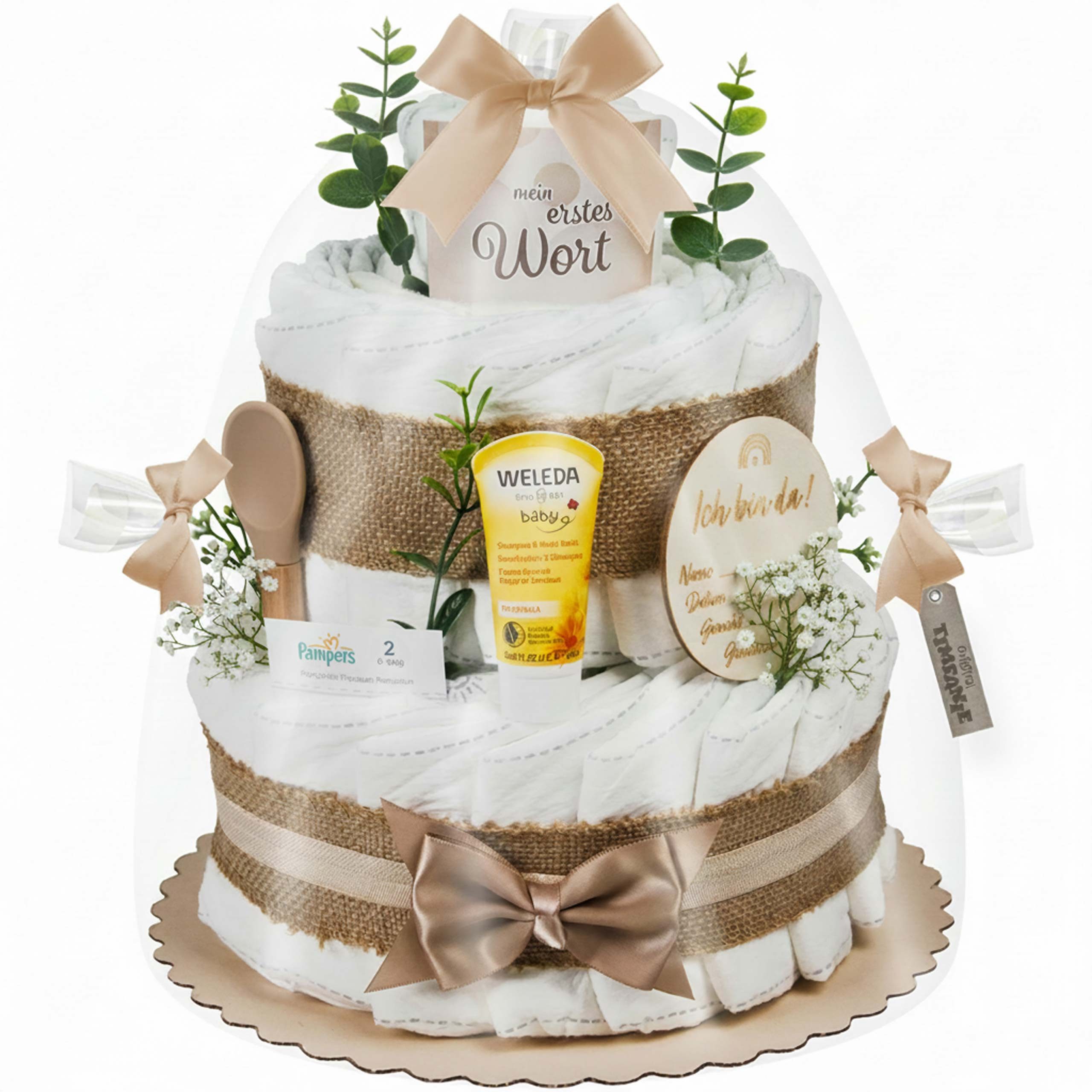 Timfanie Windeln Windeltorte, Boho Baby-Cake, natur, 0-8 Monate (Handgefertigtes Geschenk - In Folie gehüllt, mit Schleifen verziert, 37-St., 20 Pampers Premium, 1 Marken-Kuscheltie, wertige Accessoires), Das Perfekte Geschenk zur Geburt oder Babyparty.